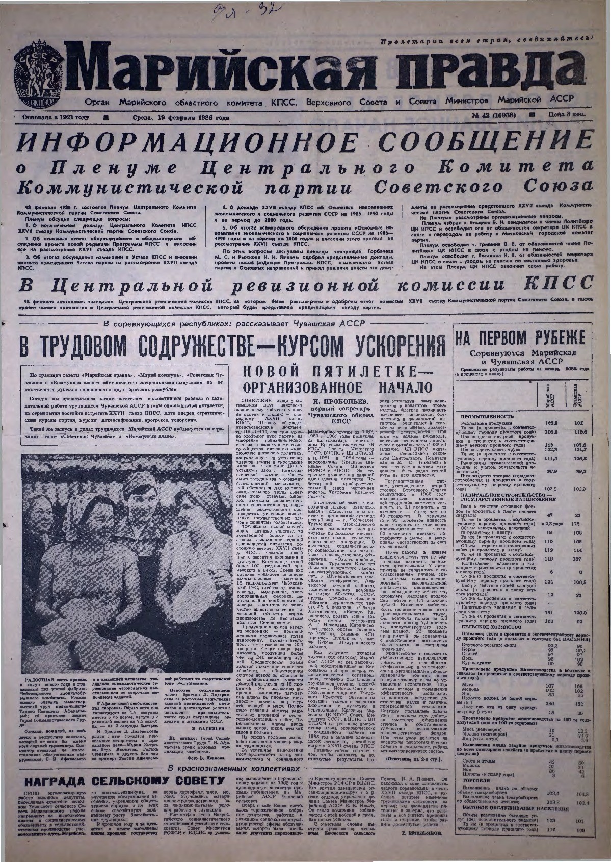 Газета «Марийская правда» от 19.02.1986