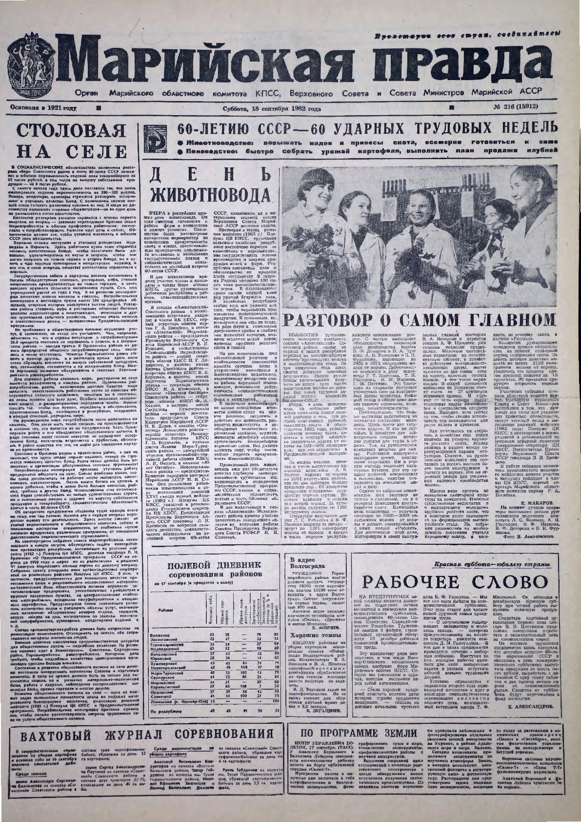Газета «Марийская правда» от 18.09.1982