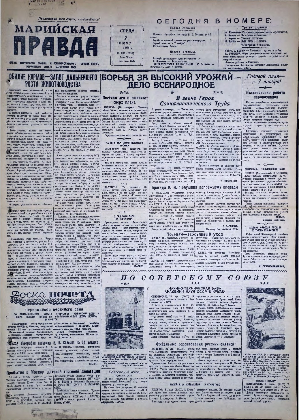Газета «Марийская правда» от 02.06.1948