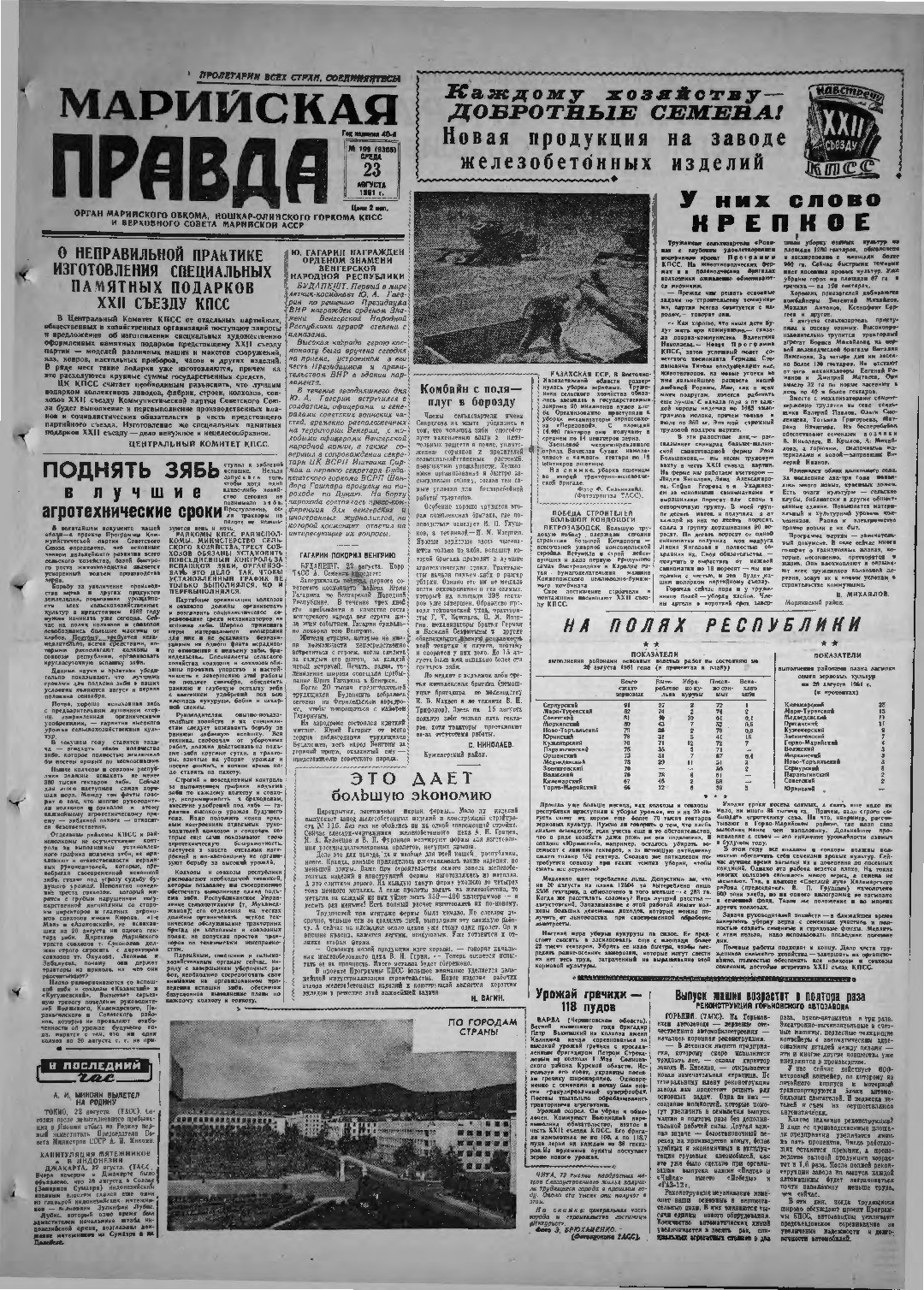 Газета «Марийская правда» от 23.08.1961