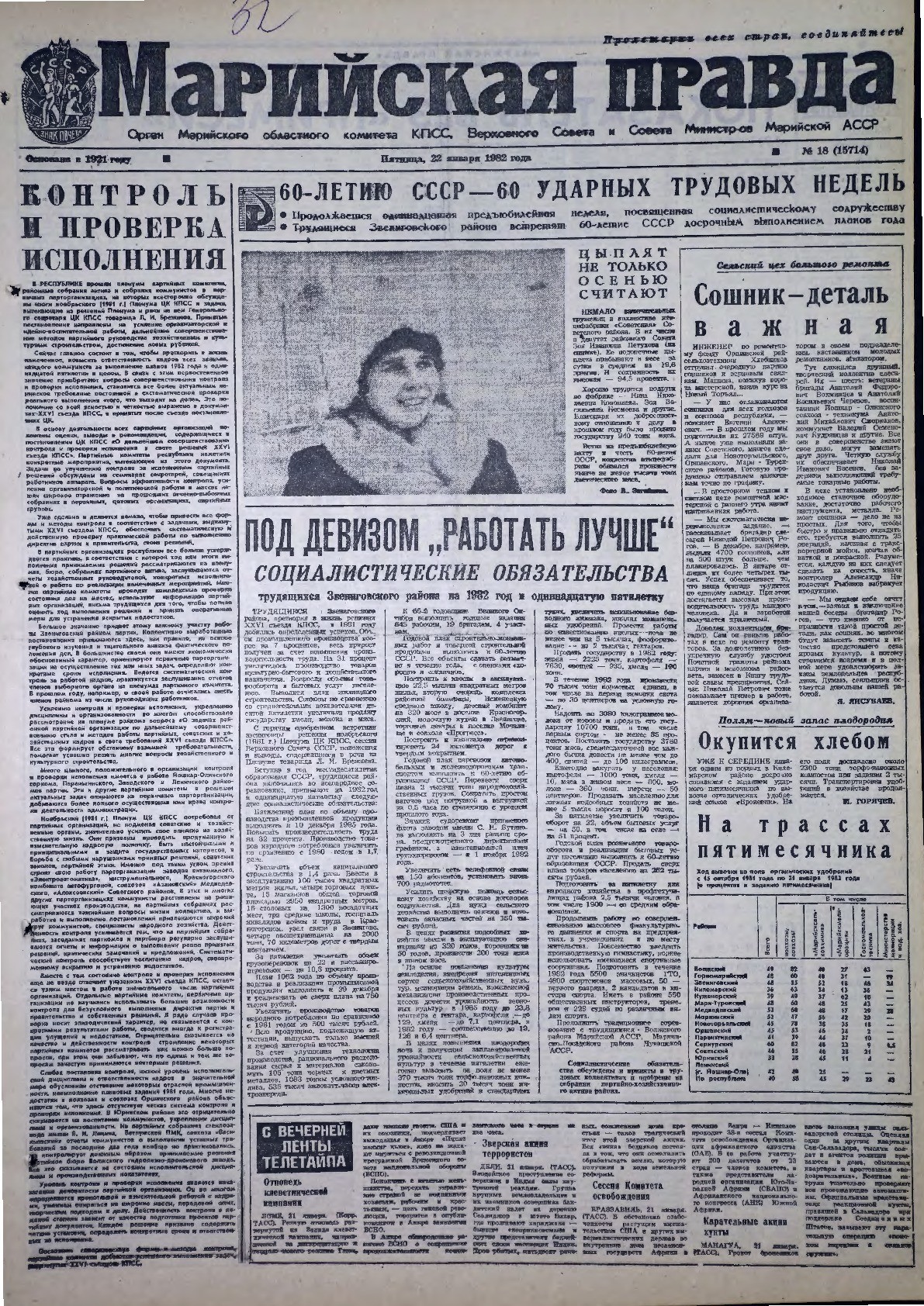 Газета «Марийская правда» от 22.01.1982