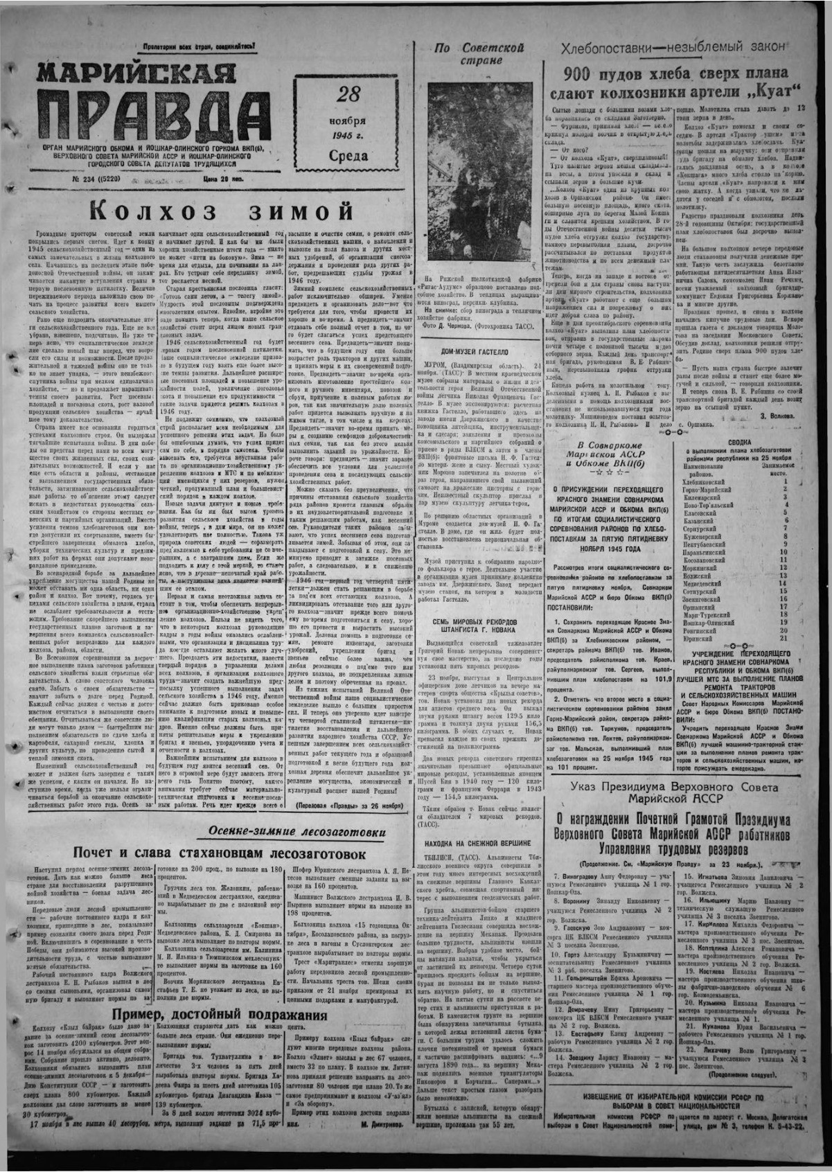 Газета «Марийская правда» от 28.11.1945