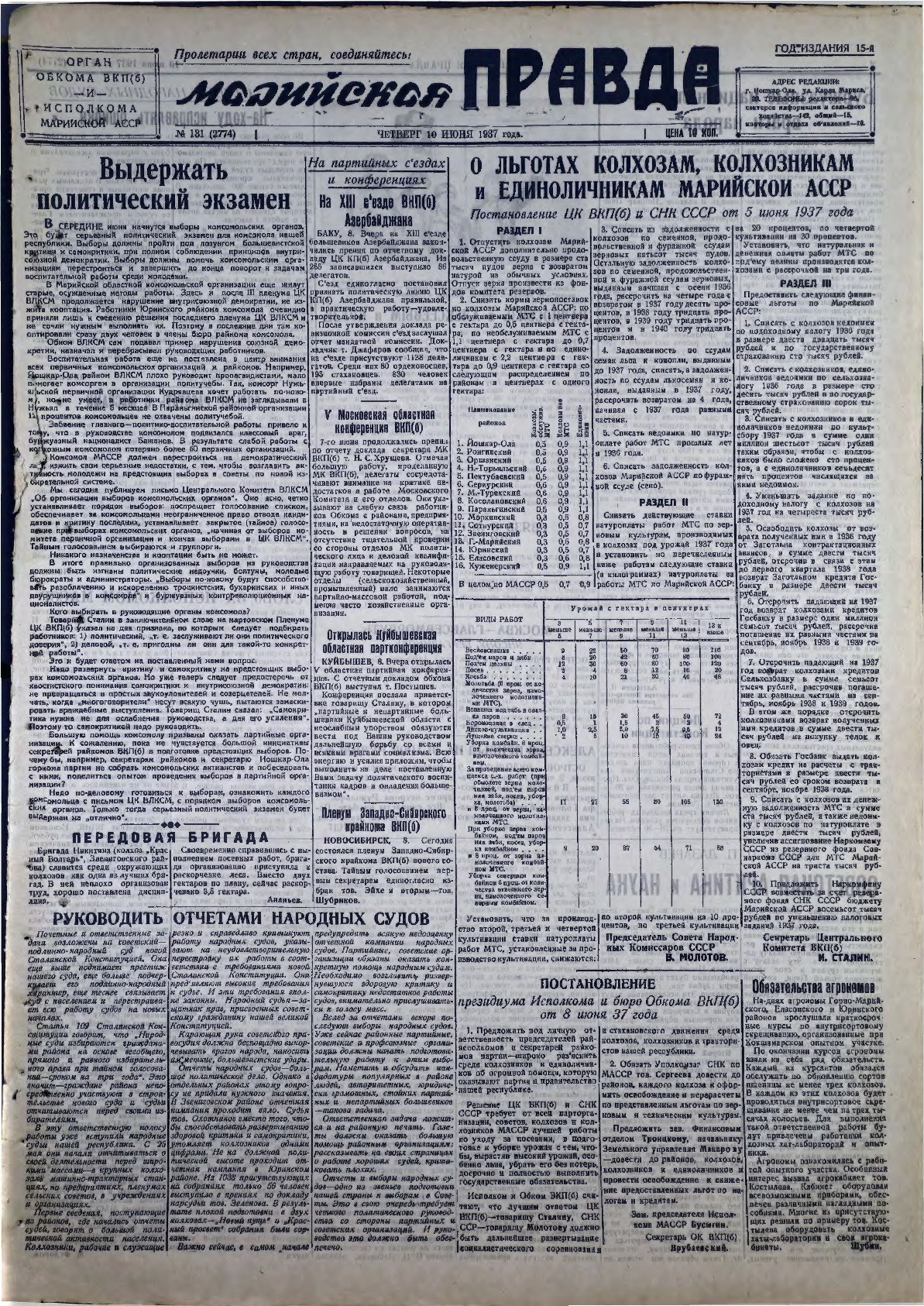 Газета «Марийская правда» от 10.06.1937