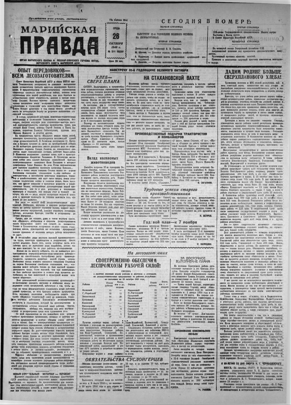 Газета «Марийская правда» от 26.10.1949