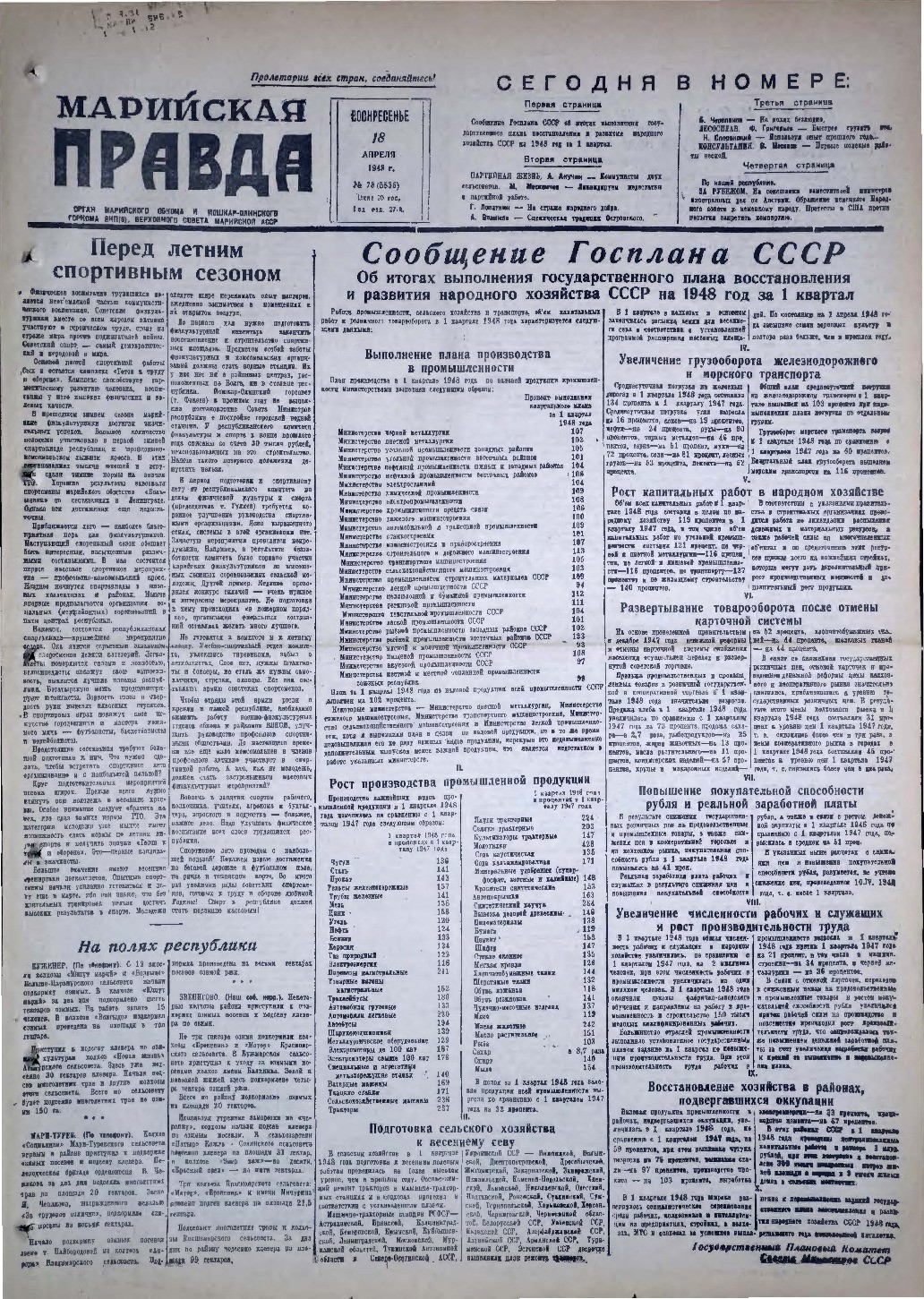 Газета «Марийская правда» от 18.04.1948