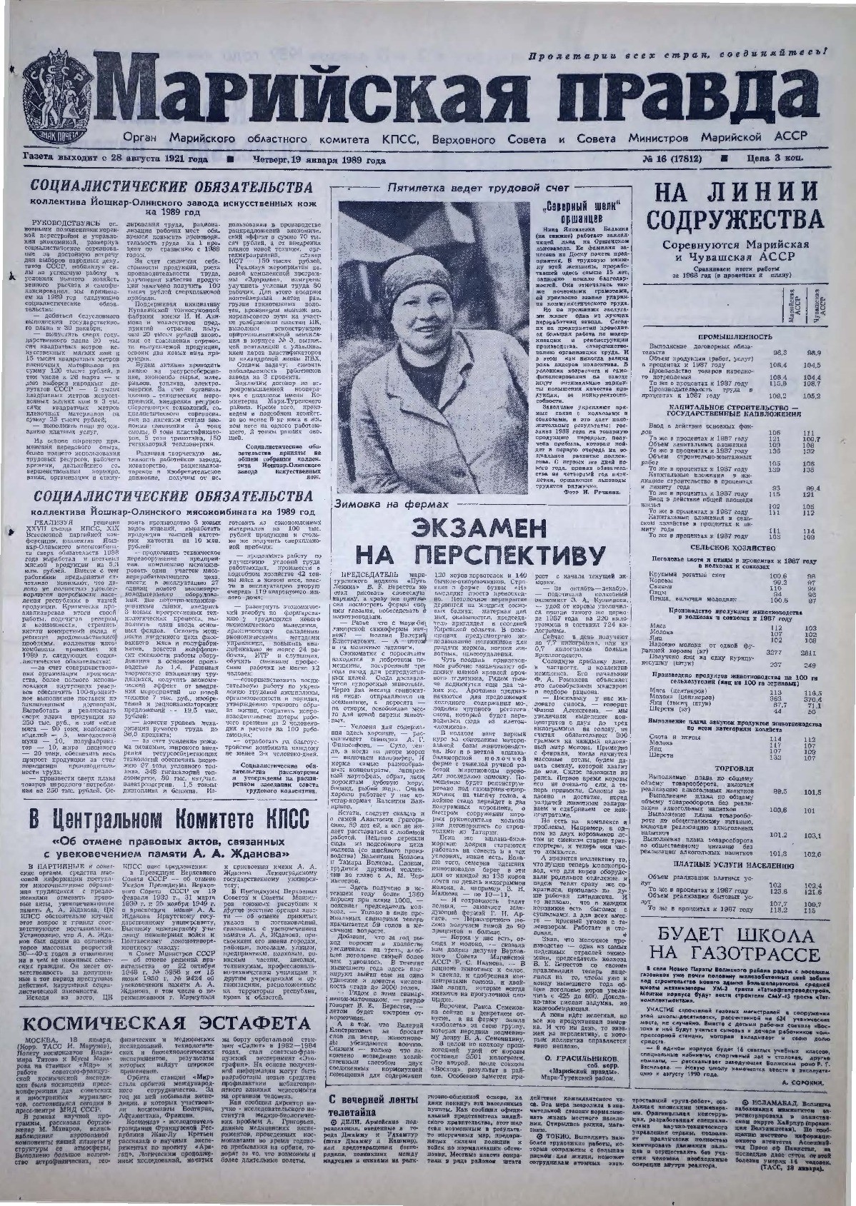 Газета «Марийская правда» от 19.01.1989