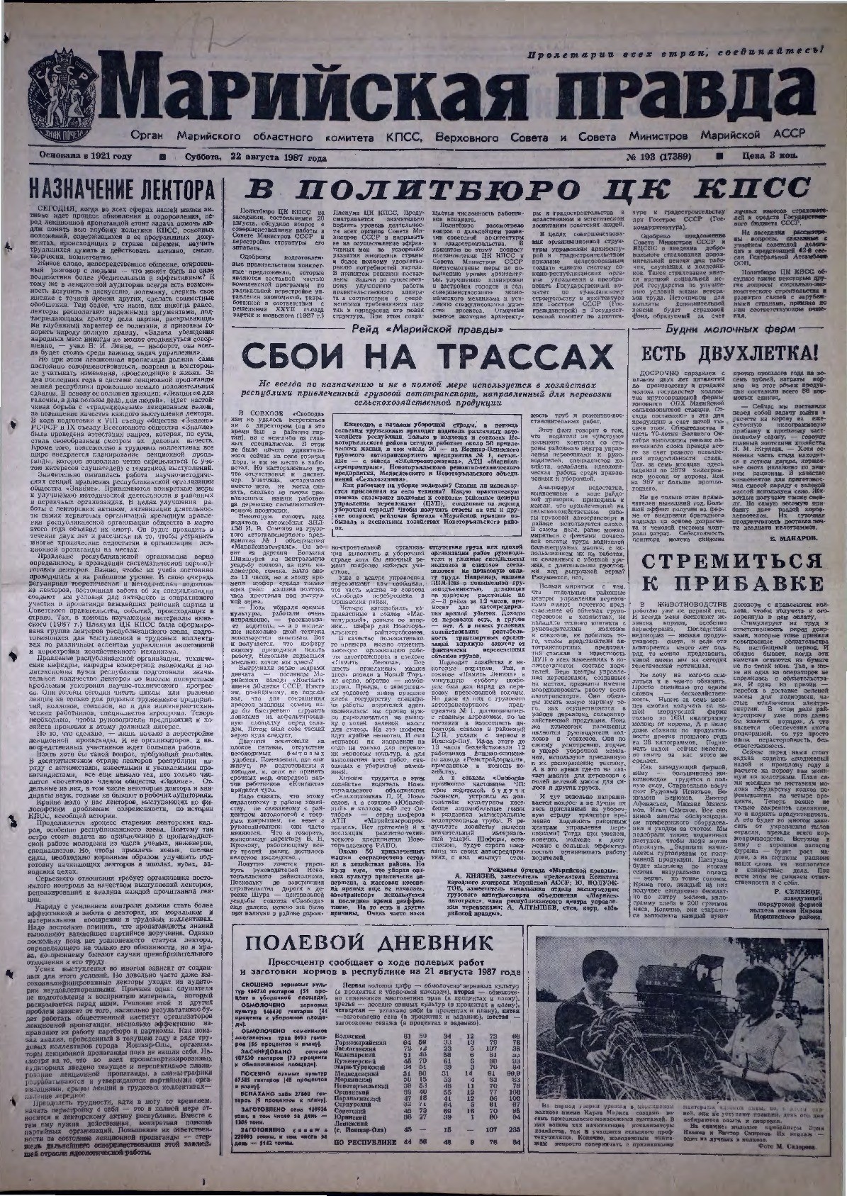 Газета «Марийская правда» от 22.08.1987