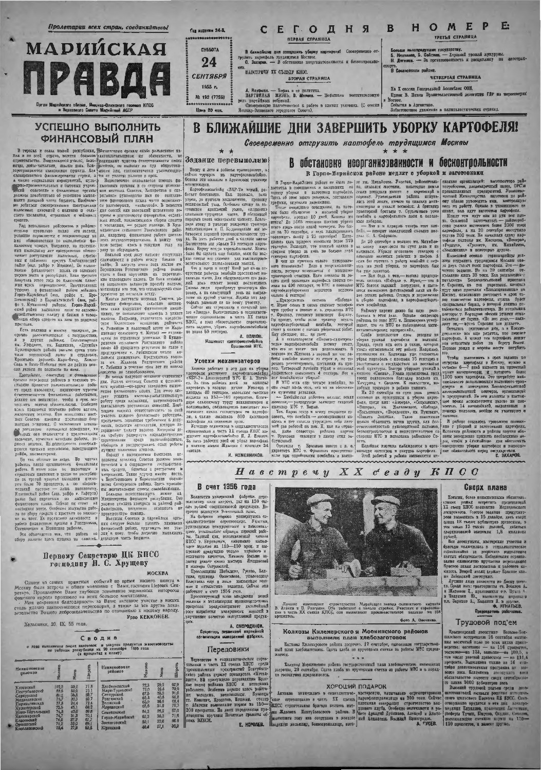 Газета «Марийская правда» от 24.09.1955