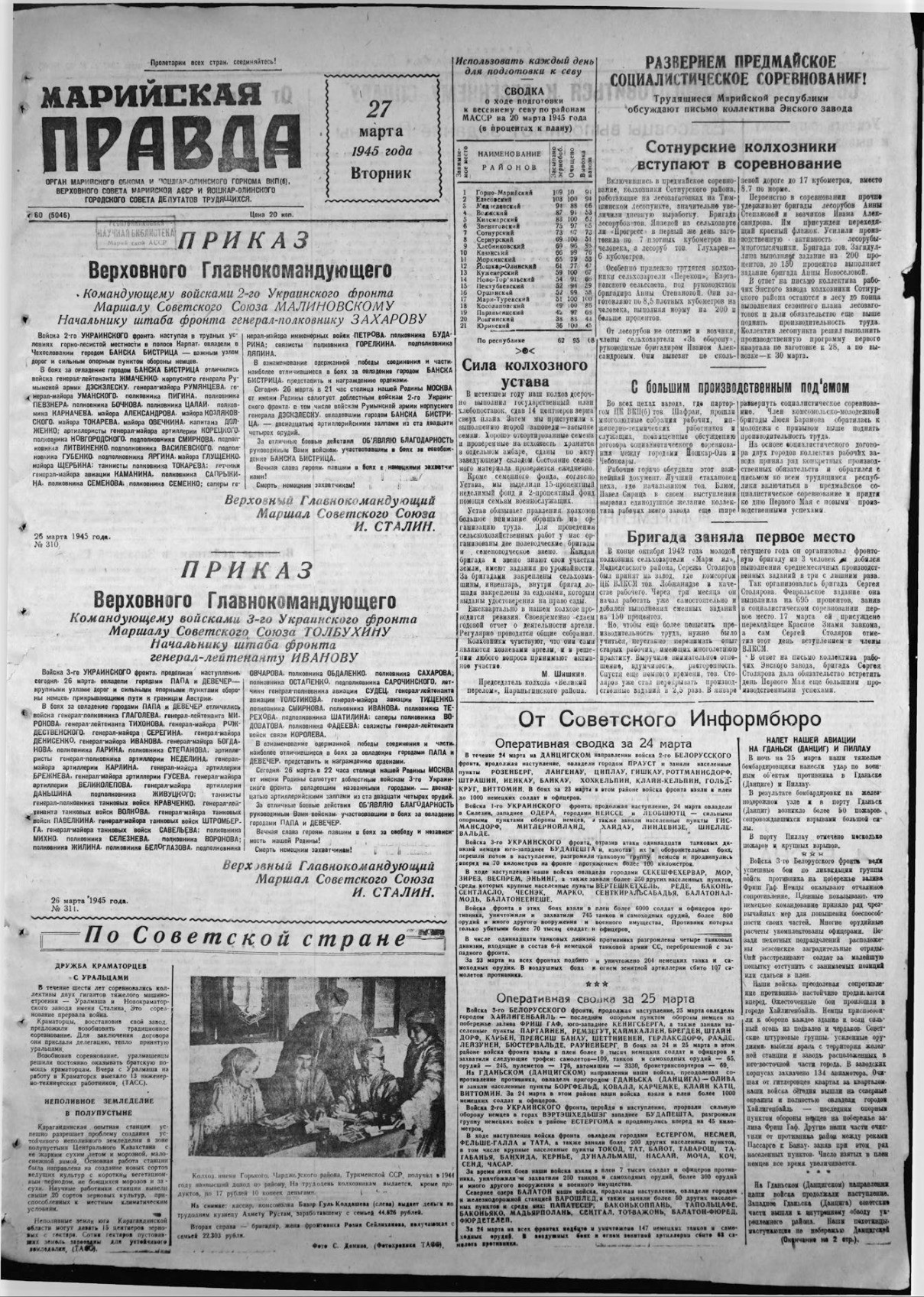 Газета «Марийская правда» от 27.03.1945