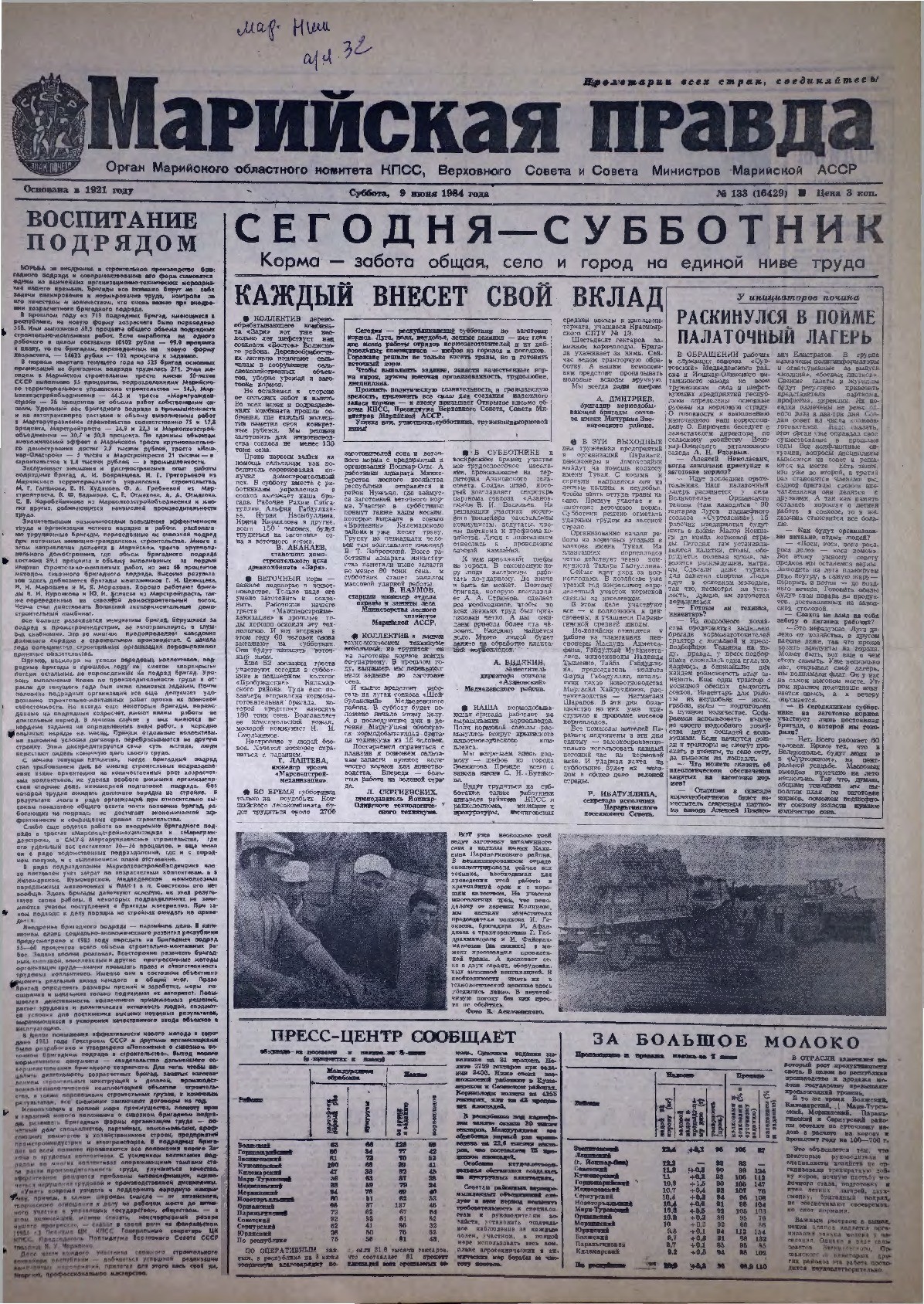 Газета «Марийская правда» от 09.06.1984