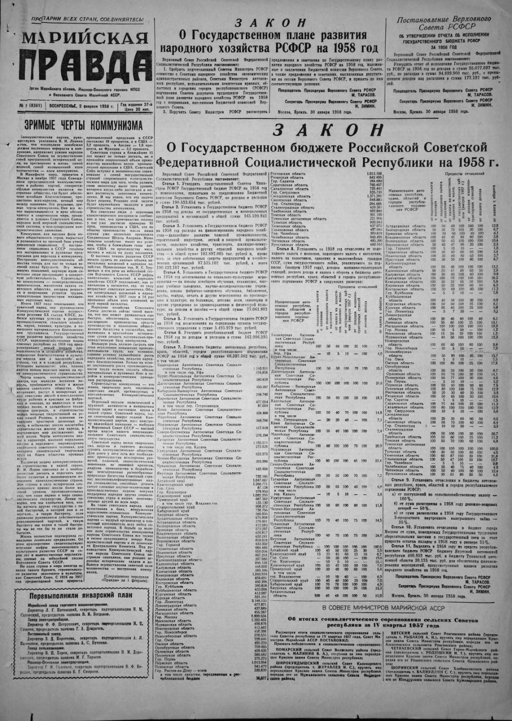Газета «Марийская правда» от 02.02.1958
