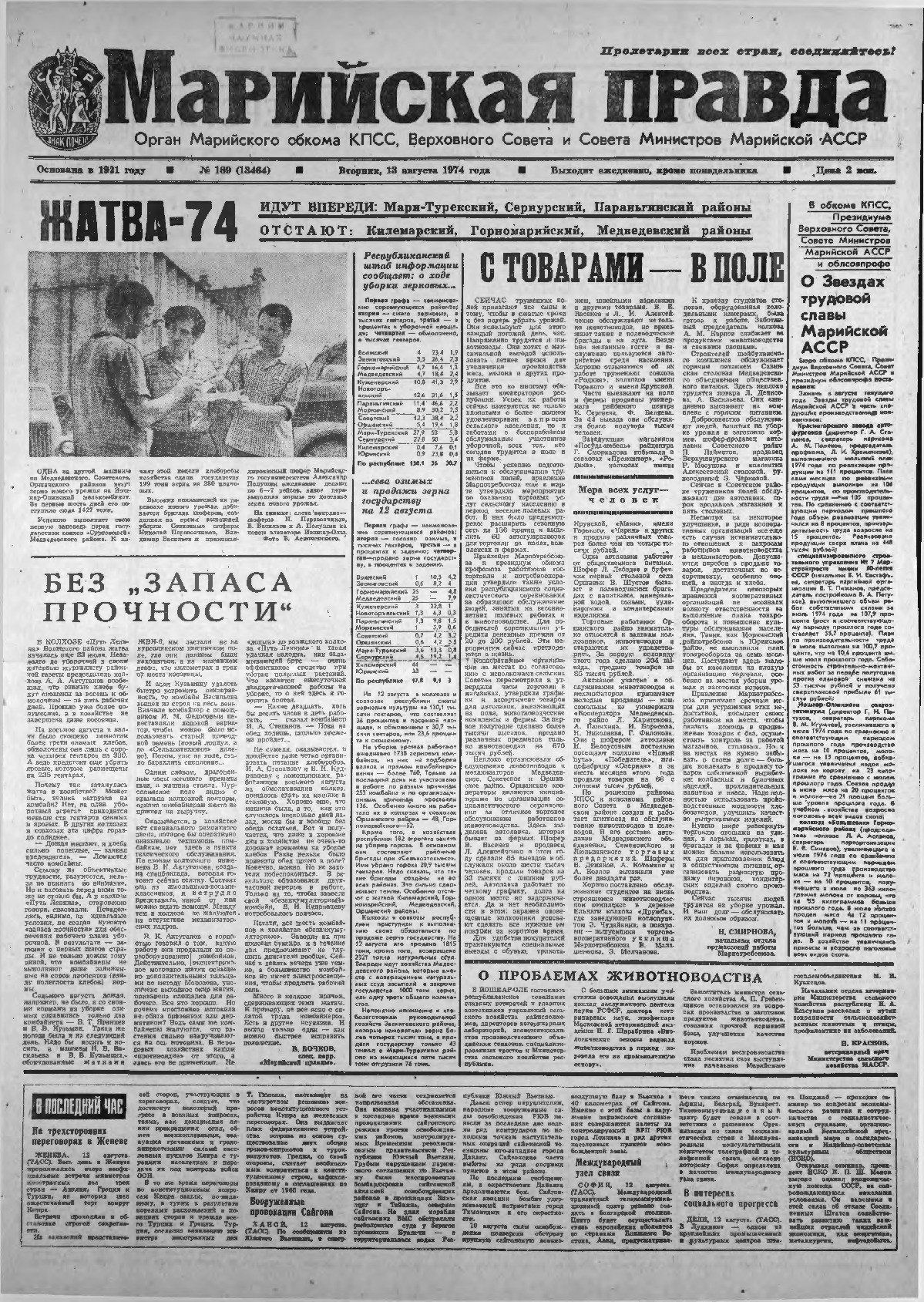 Газета «Марийская правда» от 13.08.1974