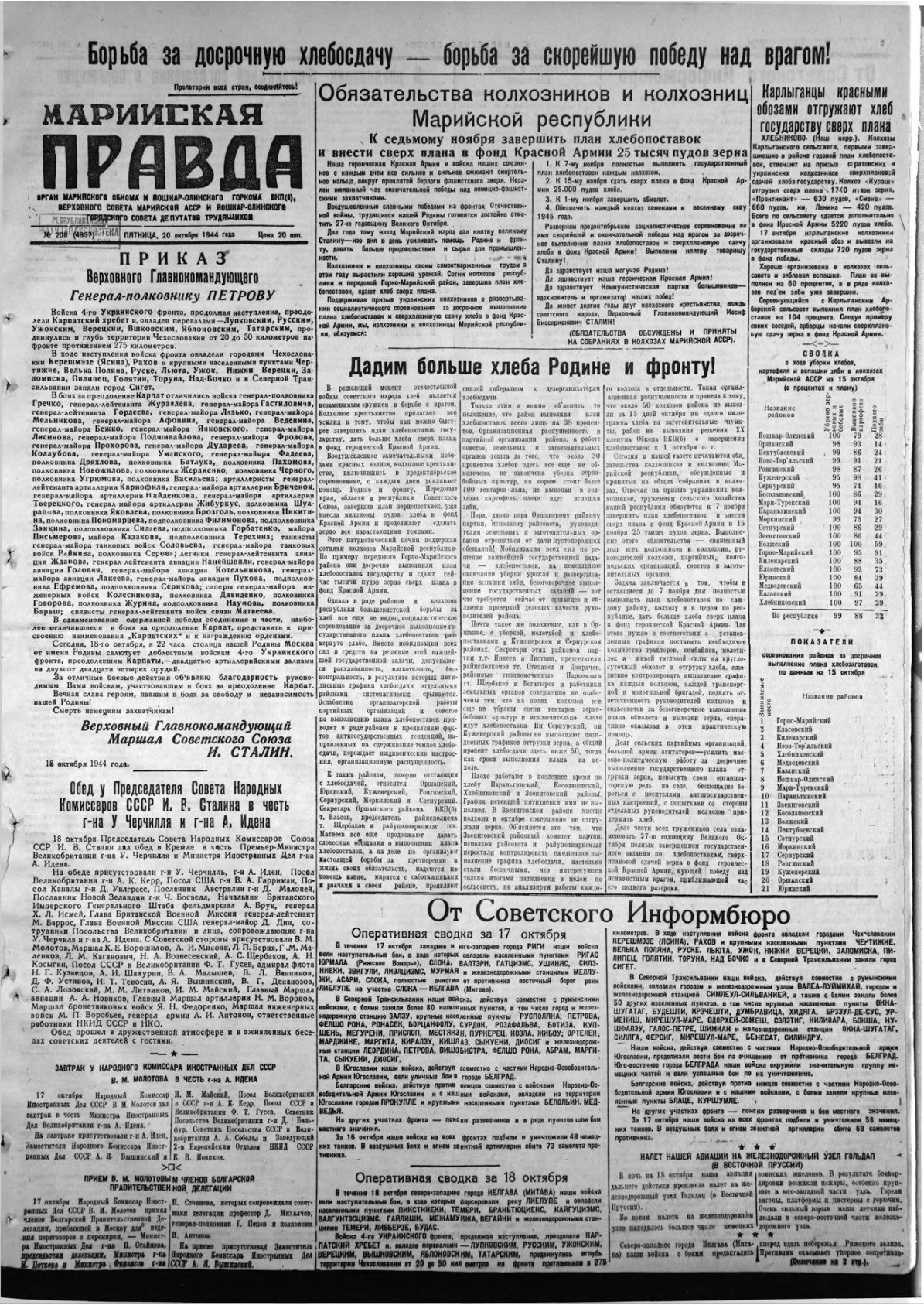 Газета «Марийская правда» от 20.10.1944