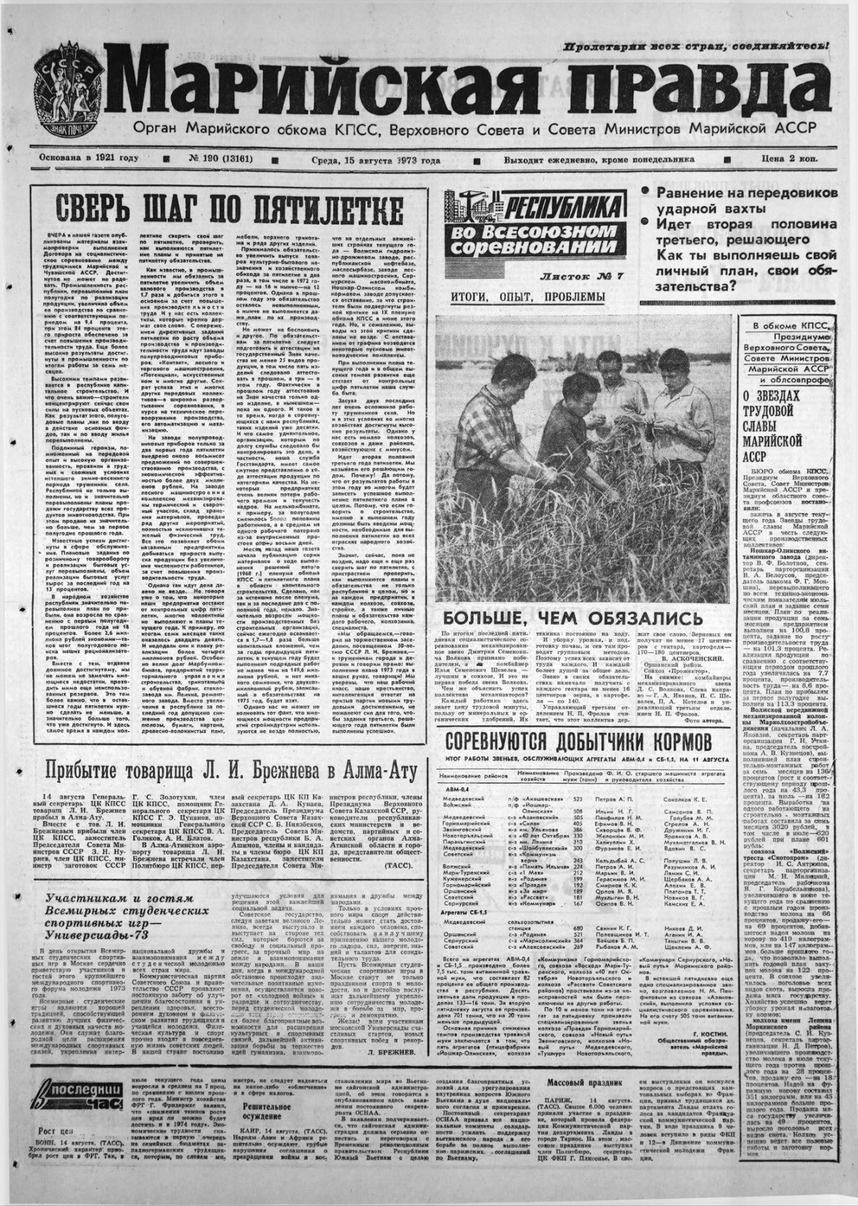 Газета «Марийская правда» от 15.08.1973