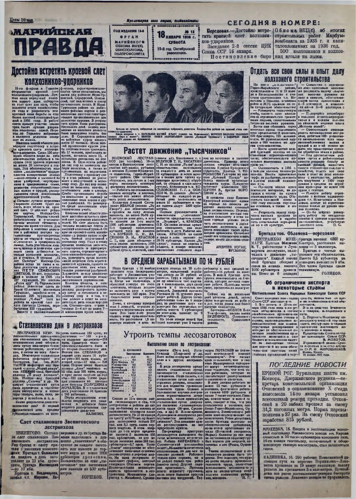 Газета «Марийская правда» от 18.01.1936