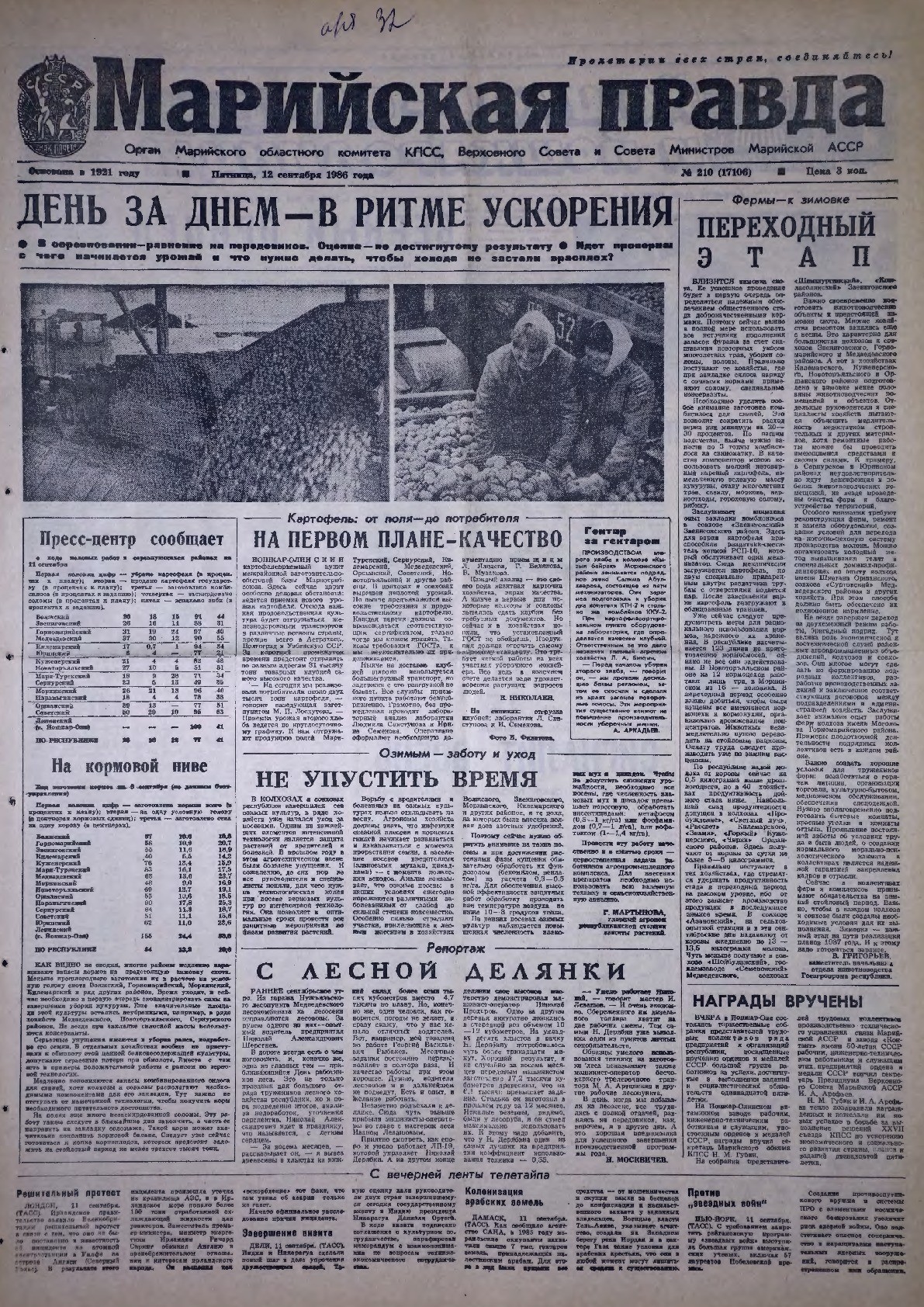 Газета «Марийская правда» от 12.09.1986