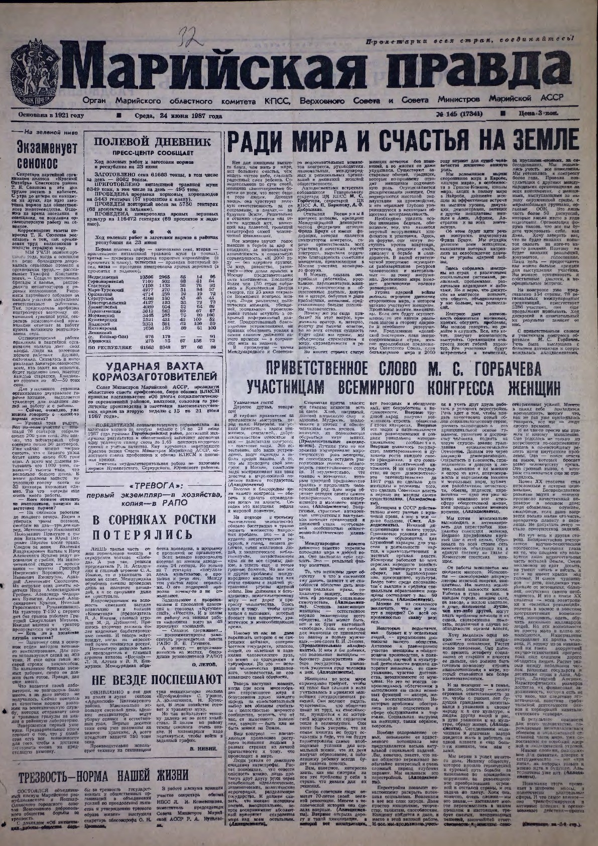 Газета «Марийская правда» от 24.06.1987