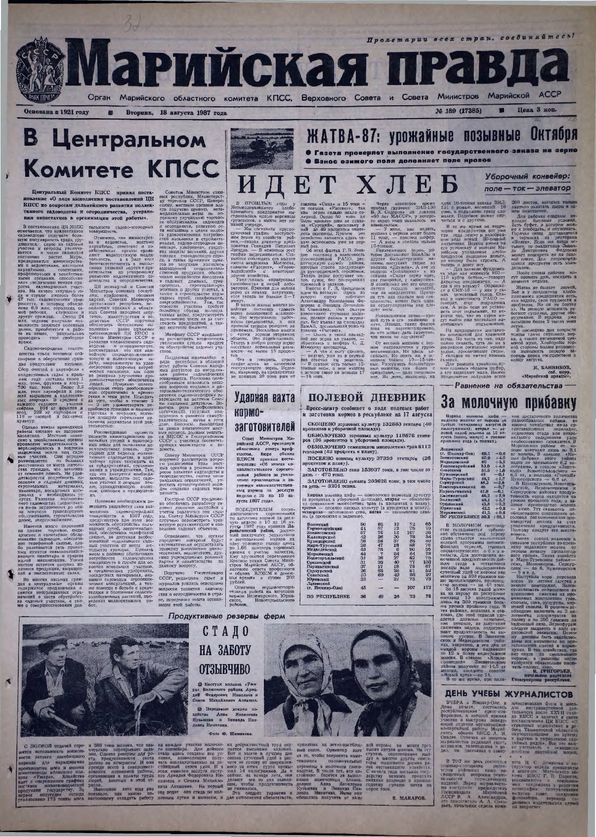 Газета «Марийская правда» от 18.08.1987