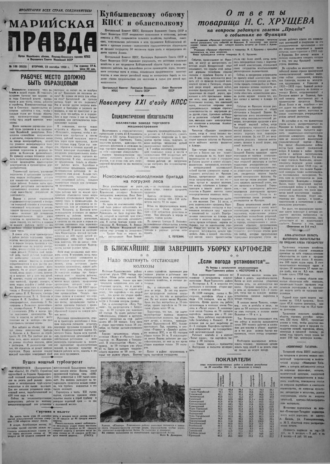 Газета «Марийская правда» от 23.09.1958