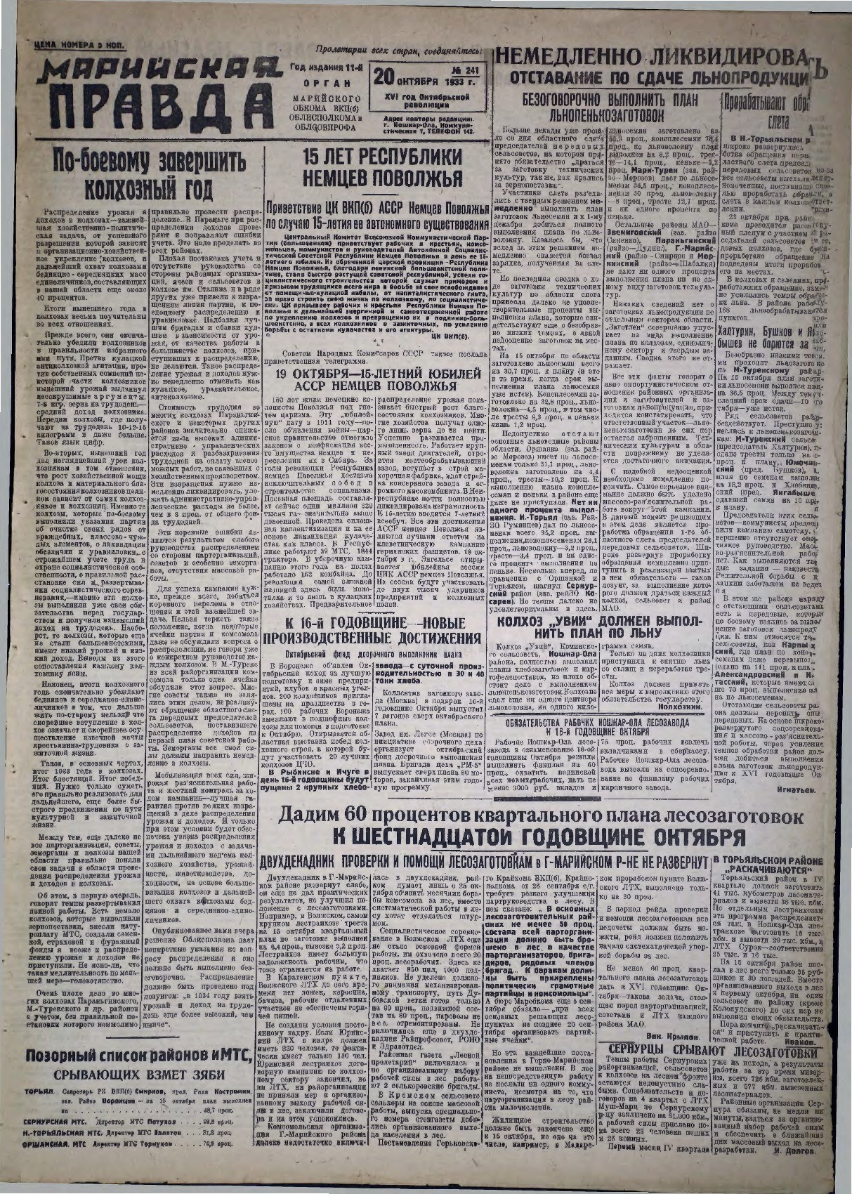 Газета «Марийская правда» от 20.10.1933