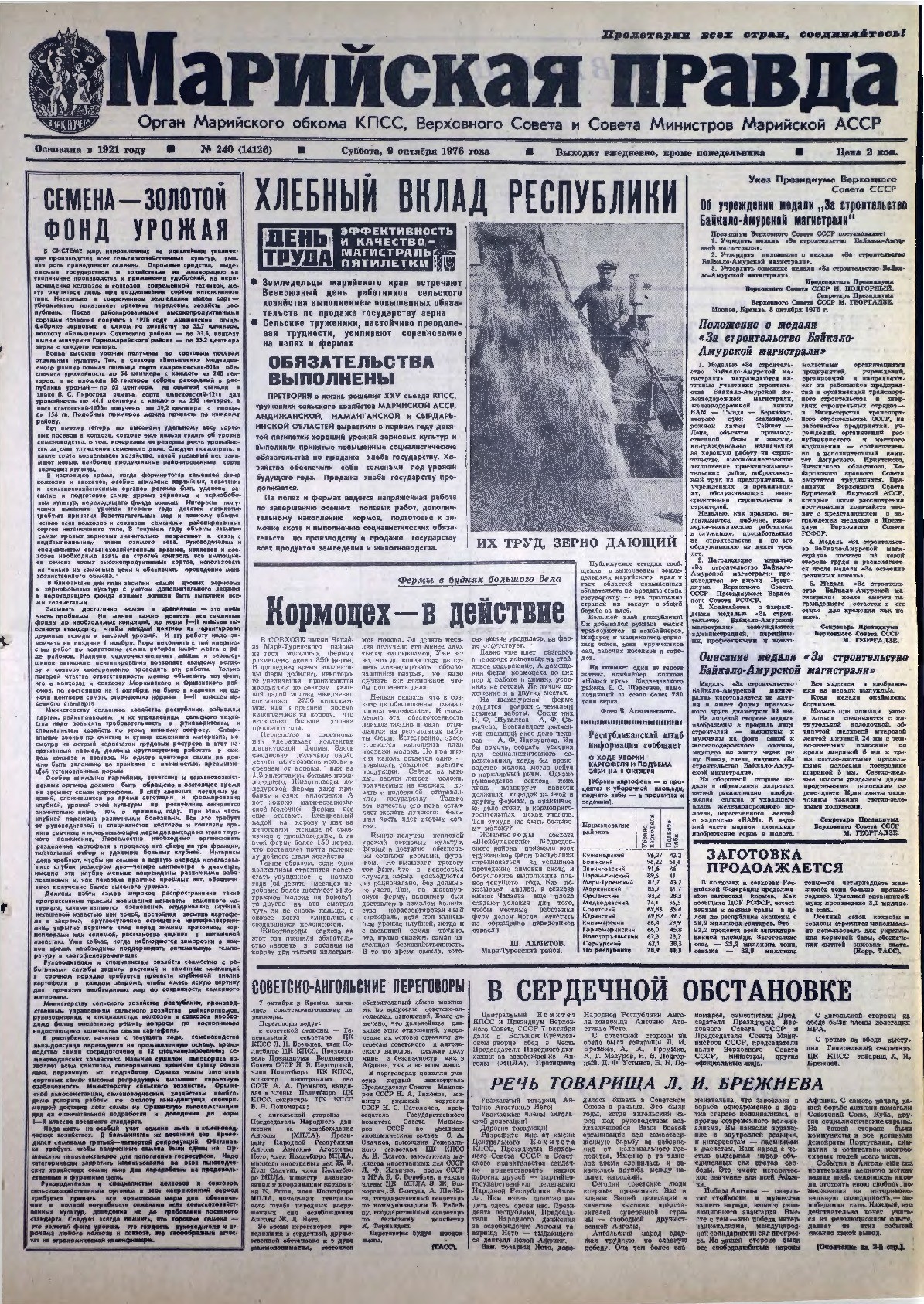 Газета «Марийская правда» от 09.10.1976