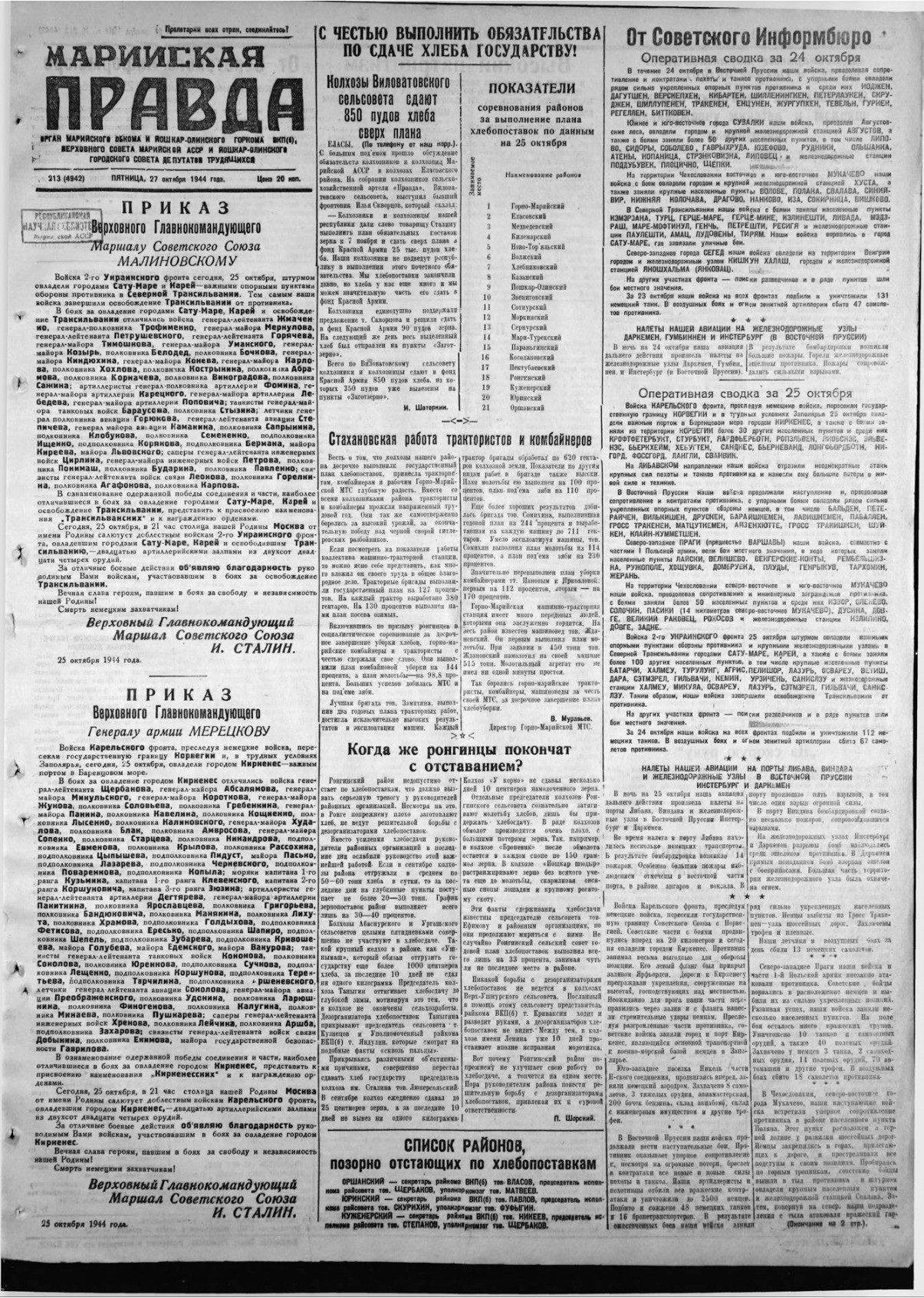 Газета «Марийская правда» от 27.10.1944
