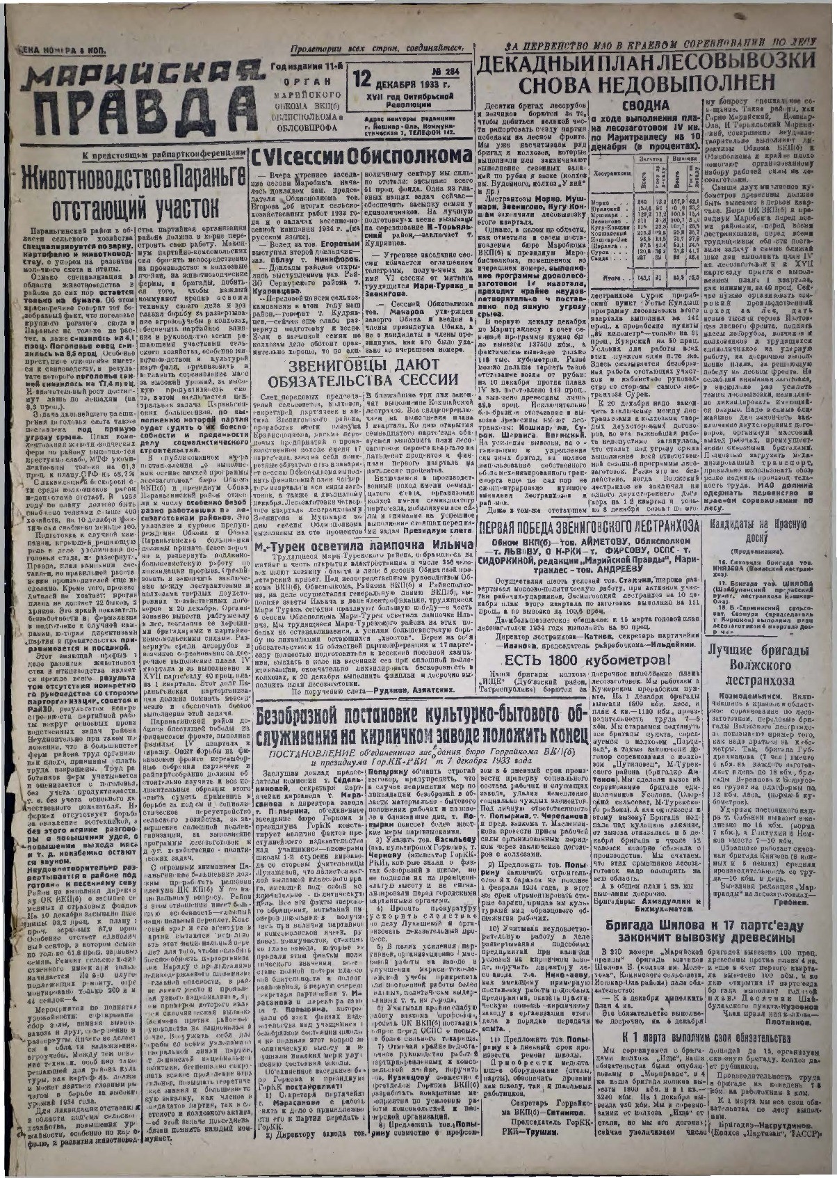 Газета «Марийская правда» от 12.12.1933