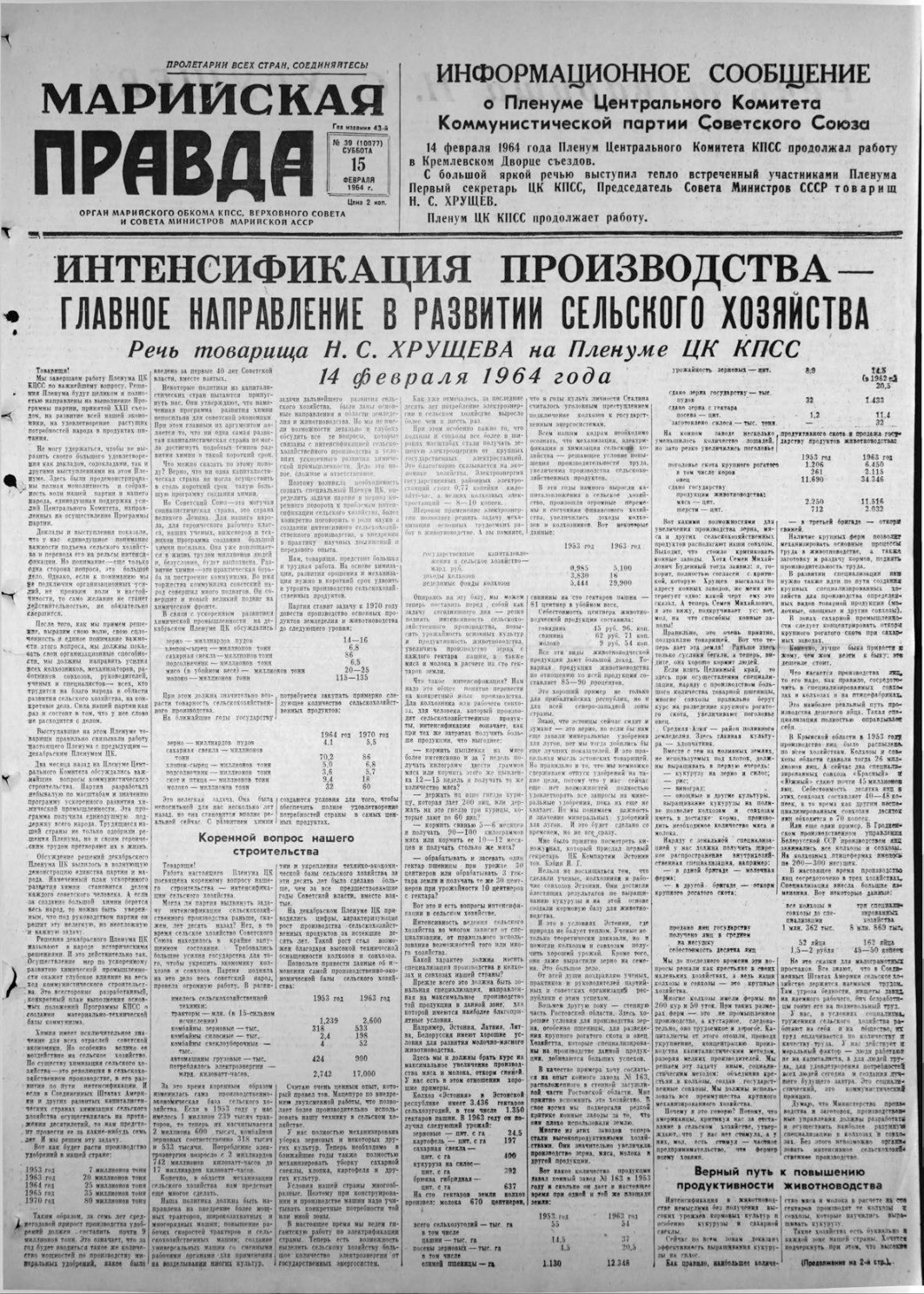 Газета «Марийская правда» от 15.02.1964