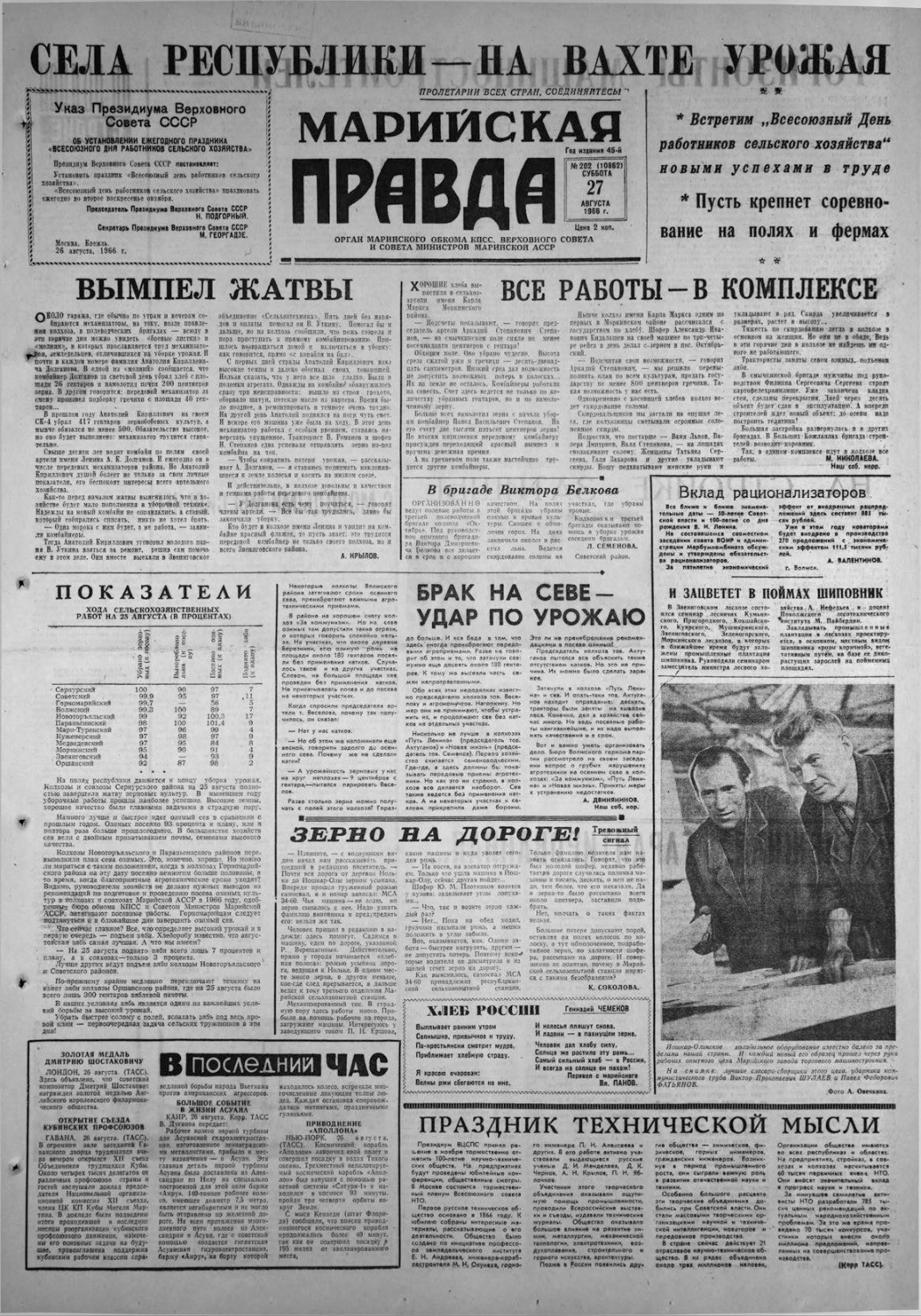 Газета «Марийская правда» от 27.08.1966