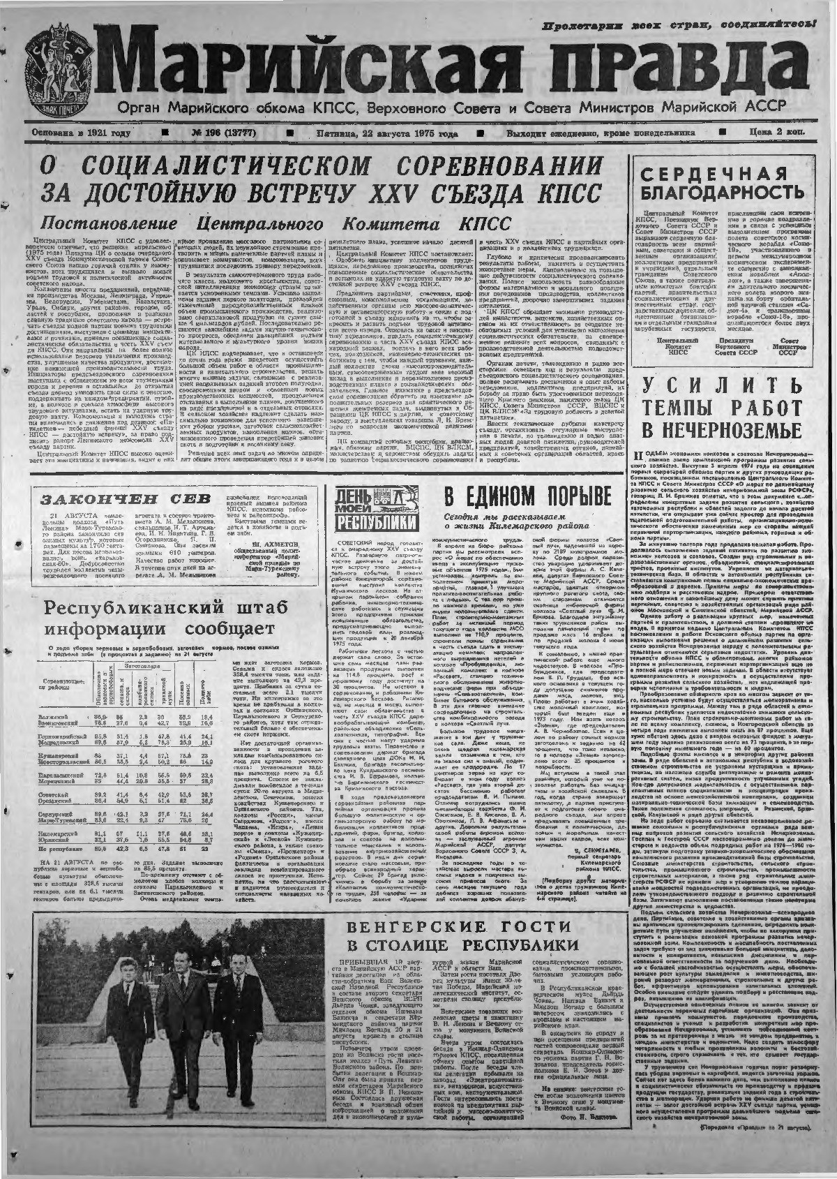 Газета «Марийская правда» от 22.08.1975