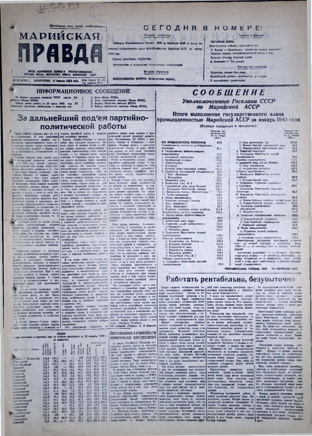 Газета «Марийская правда» от 15.02.1948