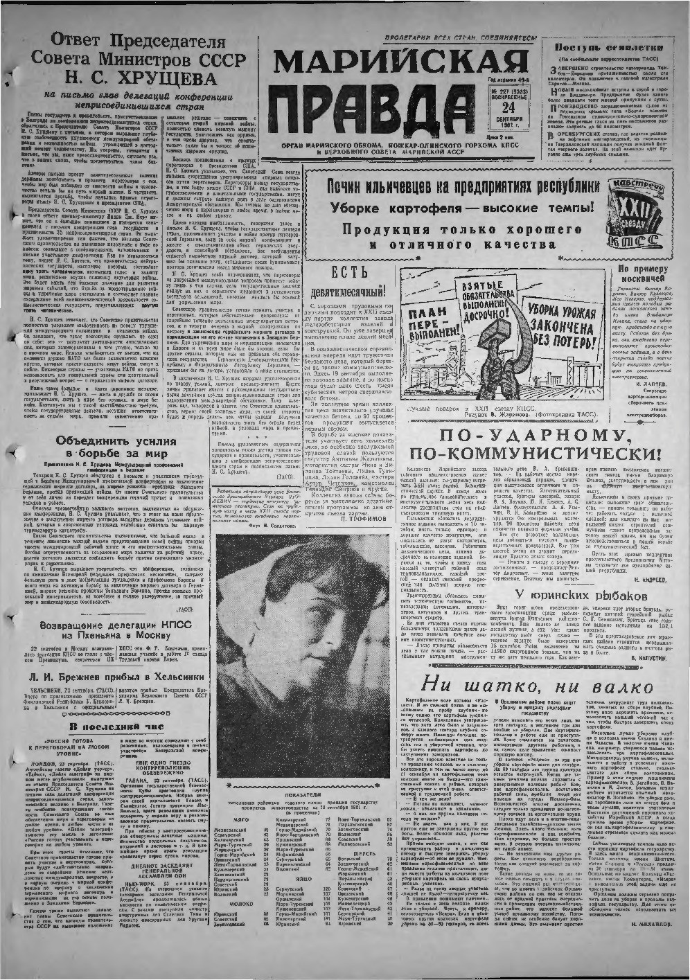 Газета «Марийская правда» от 24.09.1961
