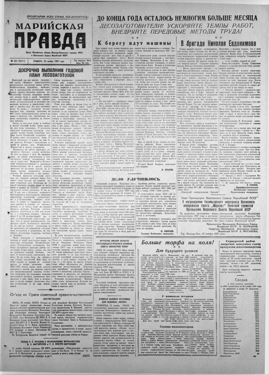 Газета «Марийская правда» от 23.11.1957