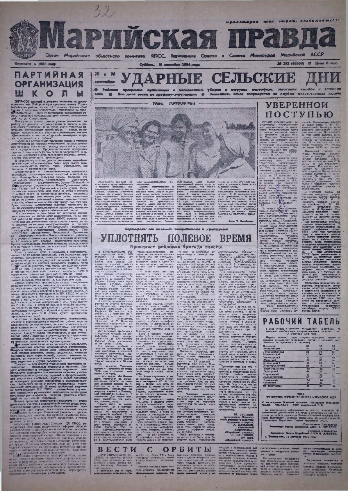 Газета «Марийская правда» от 15.09.1984