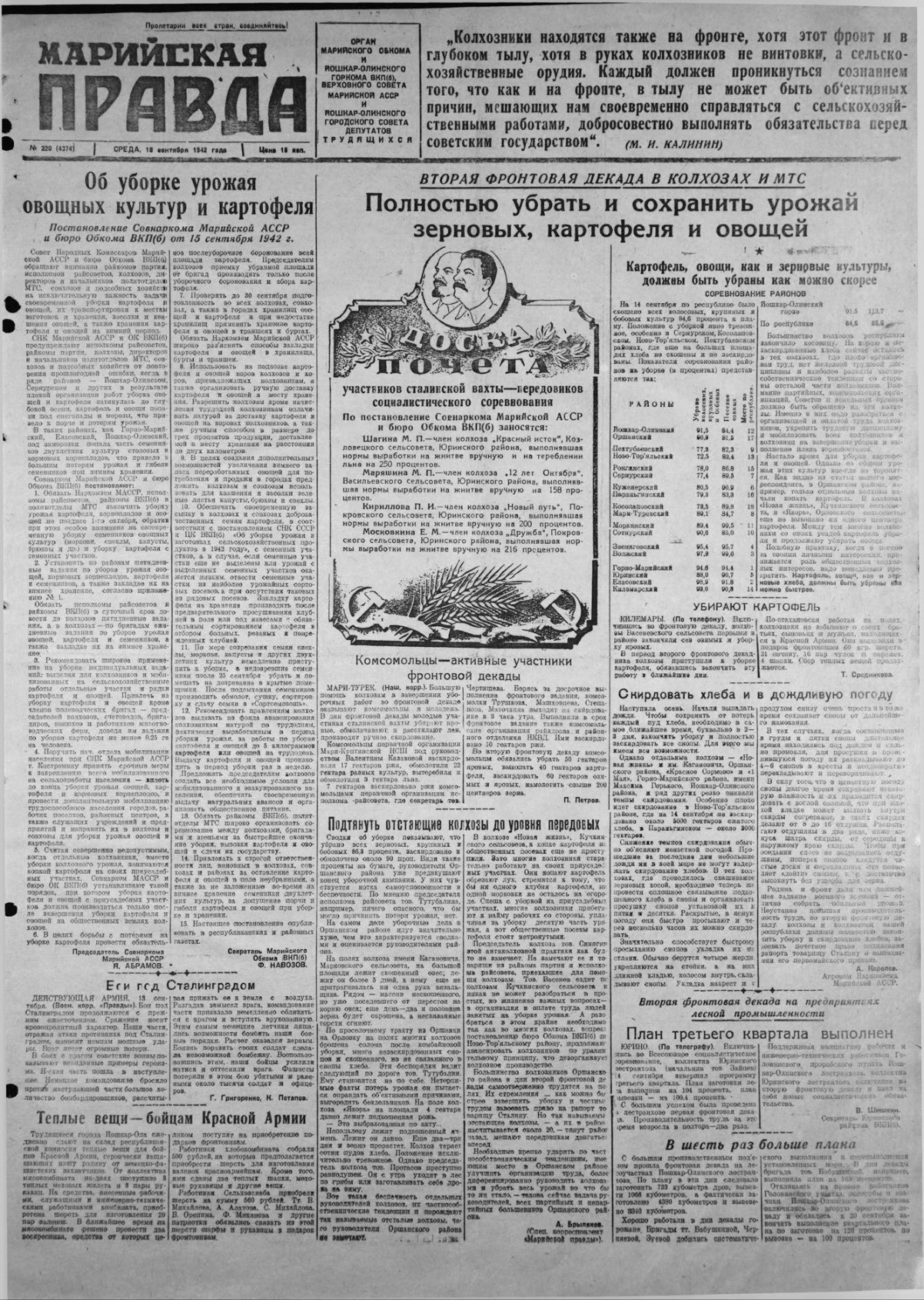 Газета «Марийская правда» от 16.09.1942