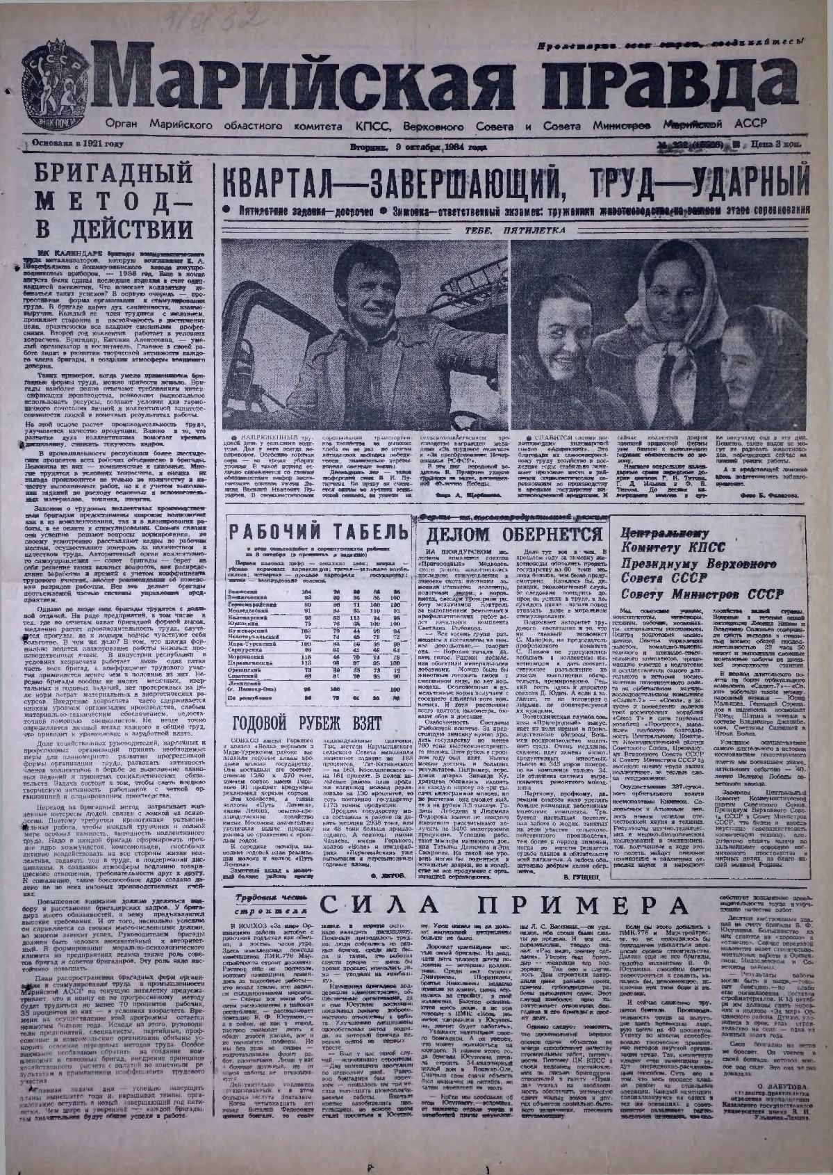 Газета «Марийская правда» от 09.10.1984