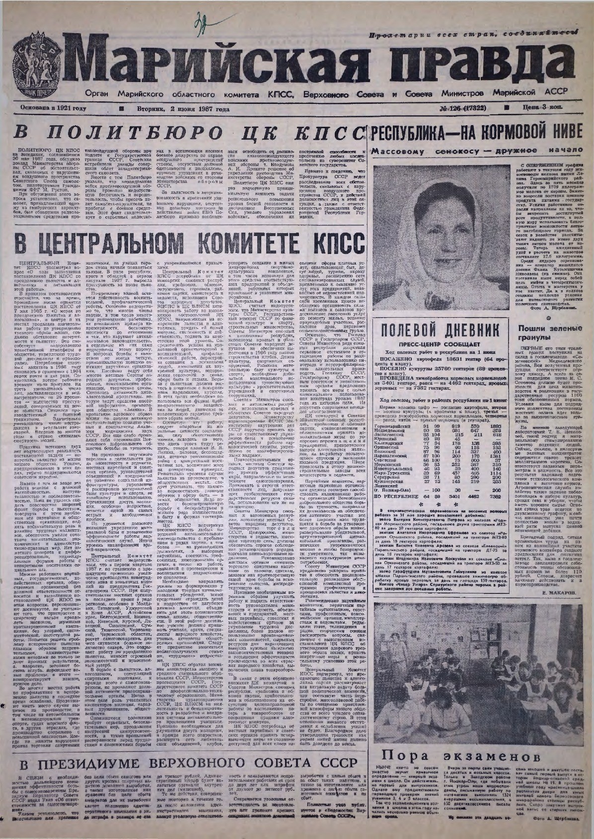 Газета «Марийская правда» от 02.06.1987