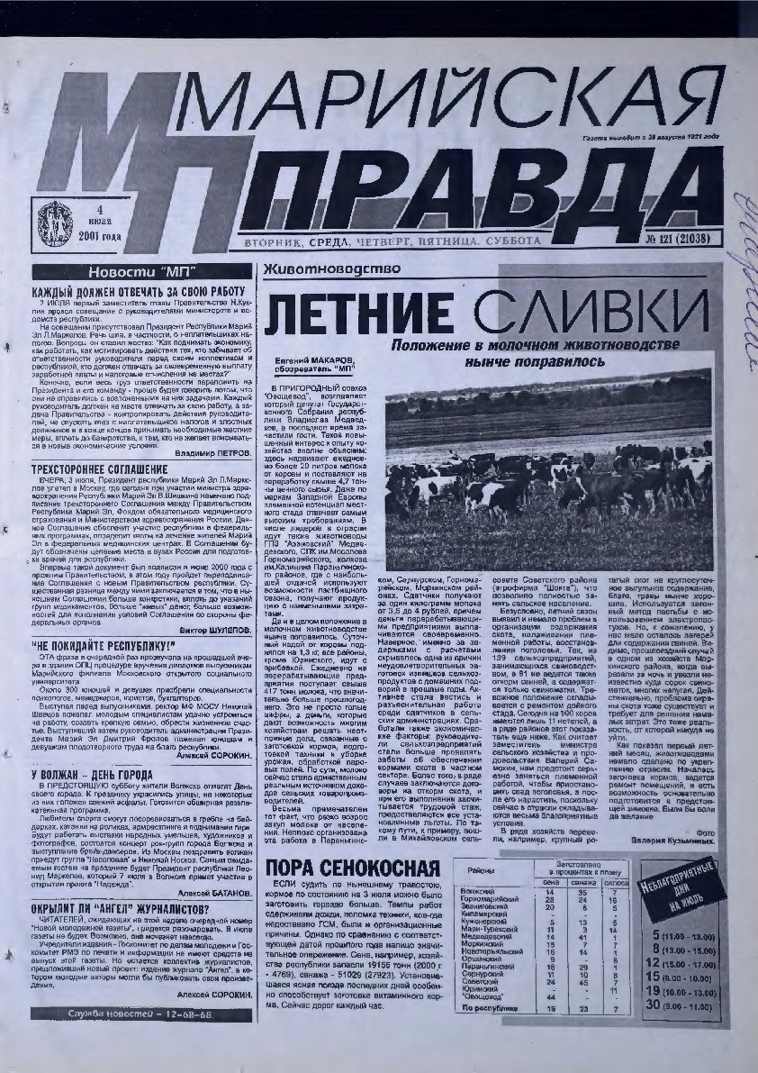 Газета «Марийская правда» от 04.07.2001