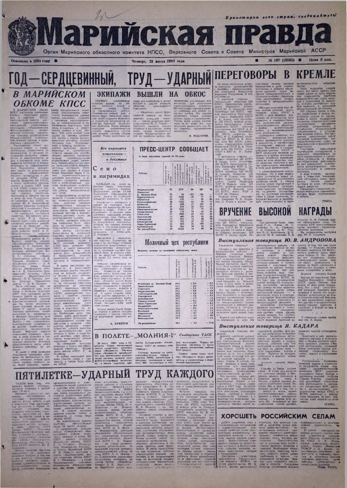 Газета «Марийская правда» от 21.07.1983