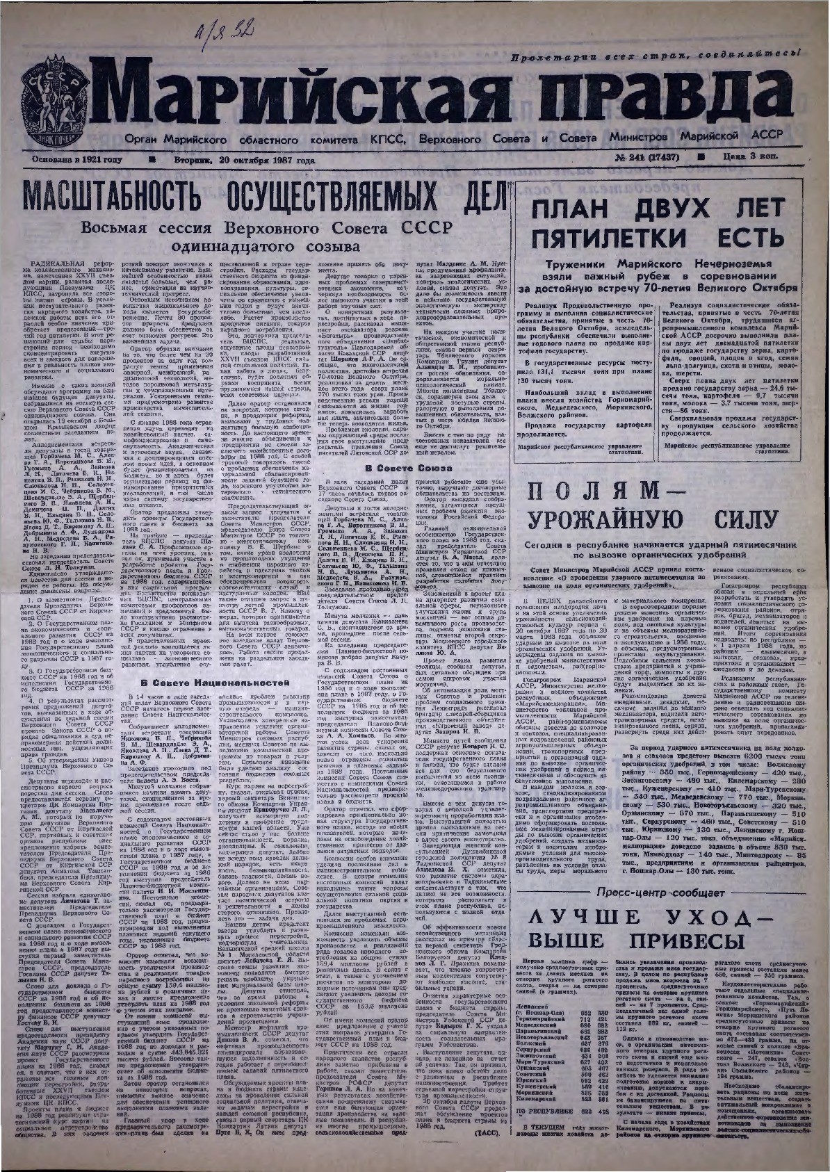 Газета «Марийская правда» от 20.10.1987