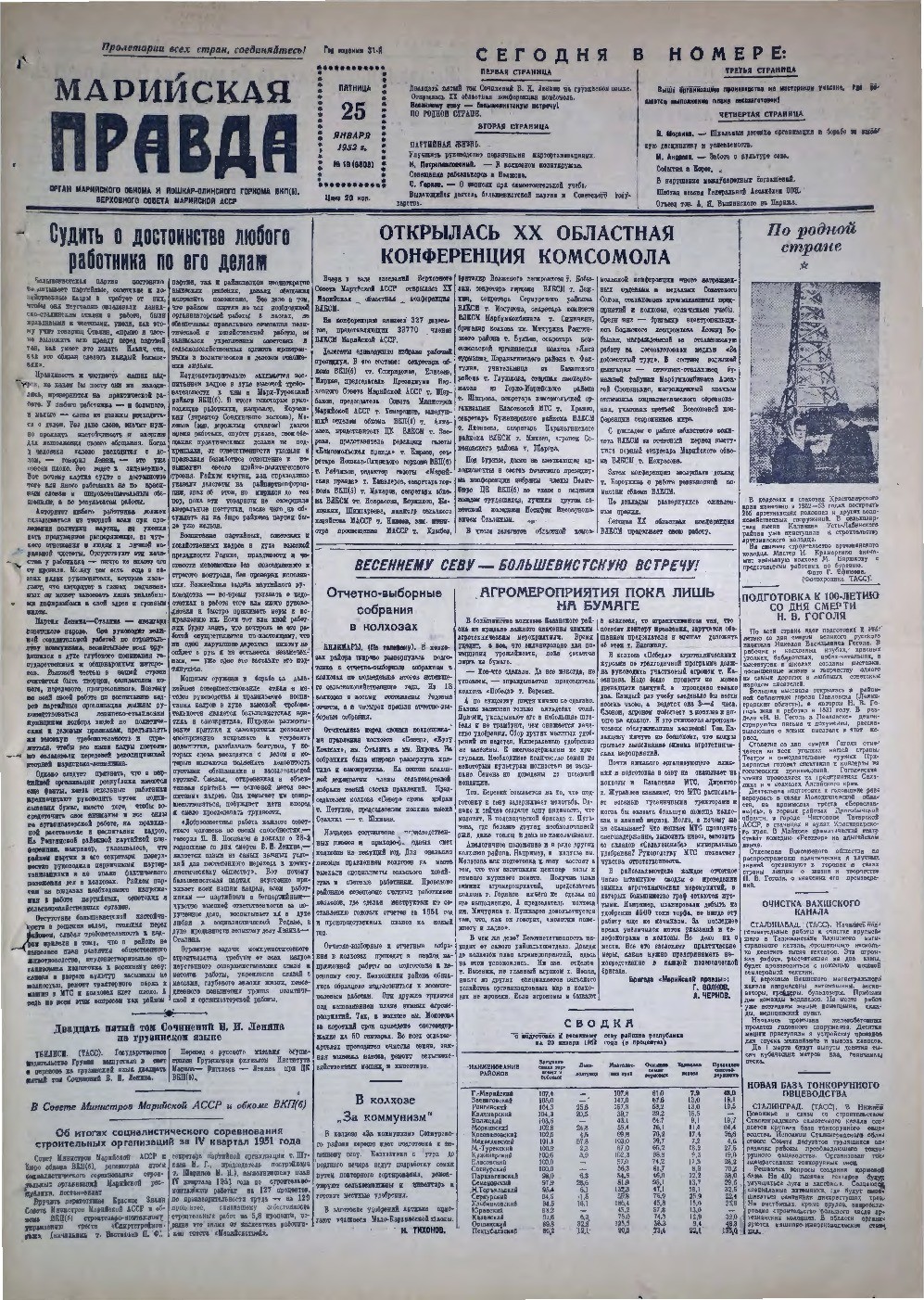 Газета «Марийская правда» от 25.01.1952