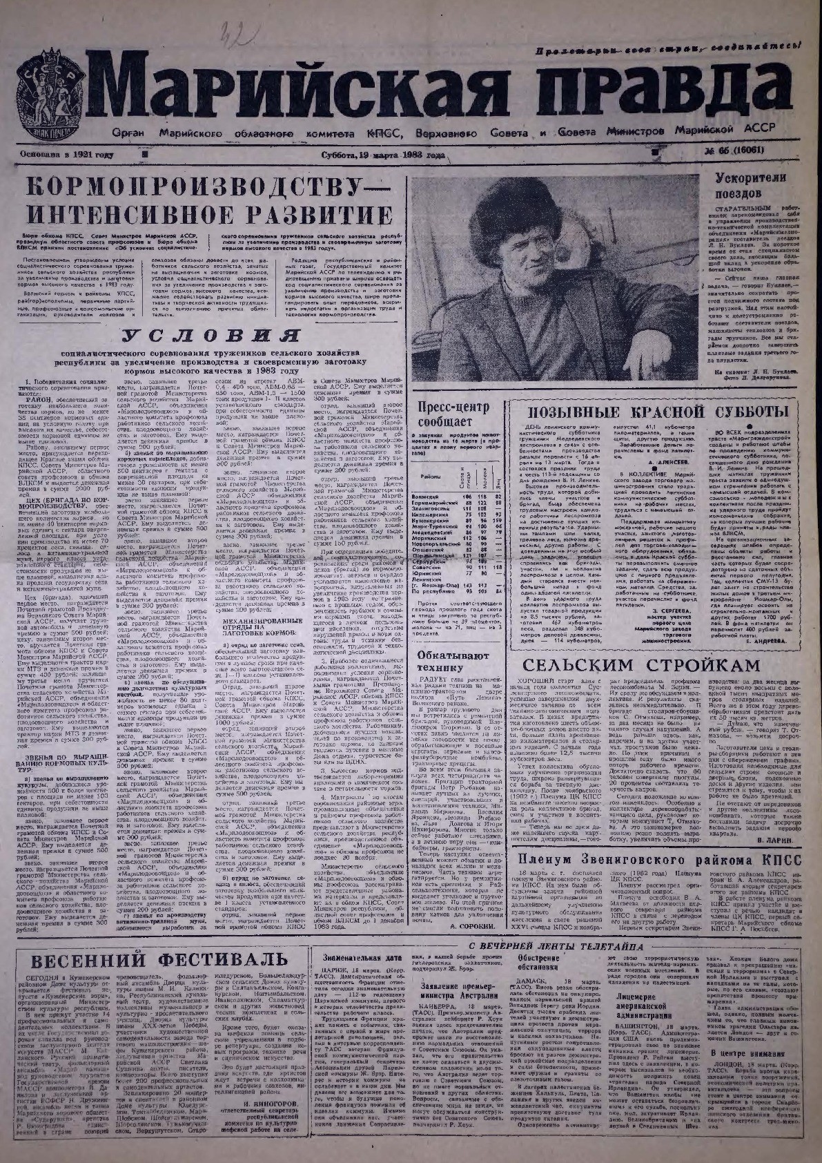 Газета «Марийская правда» от 19.03.1983