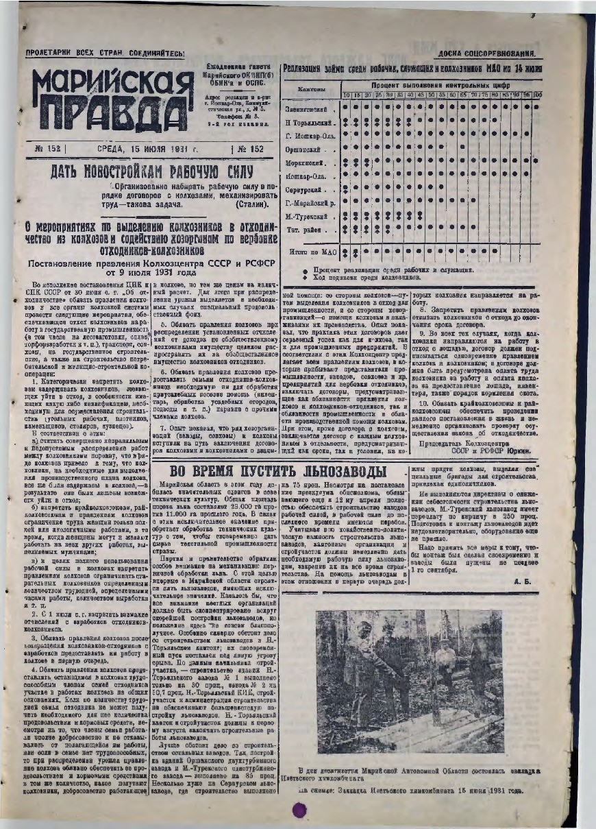 Газета «Марийская деревня» от 15.07.1931