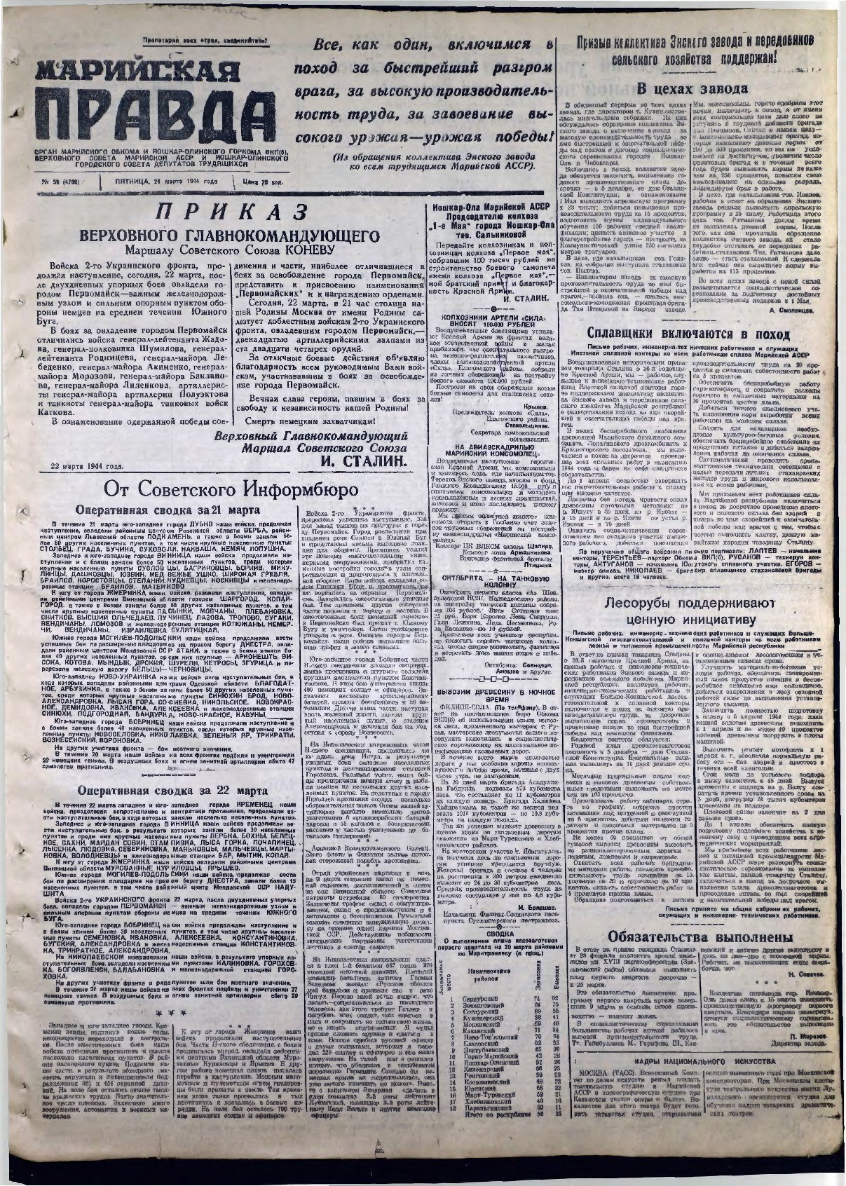 Газета «Марийская правда» от 24.03.1944