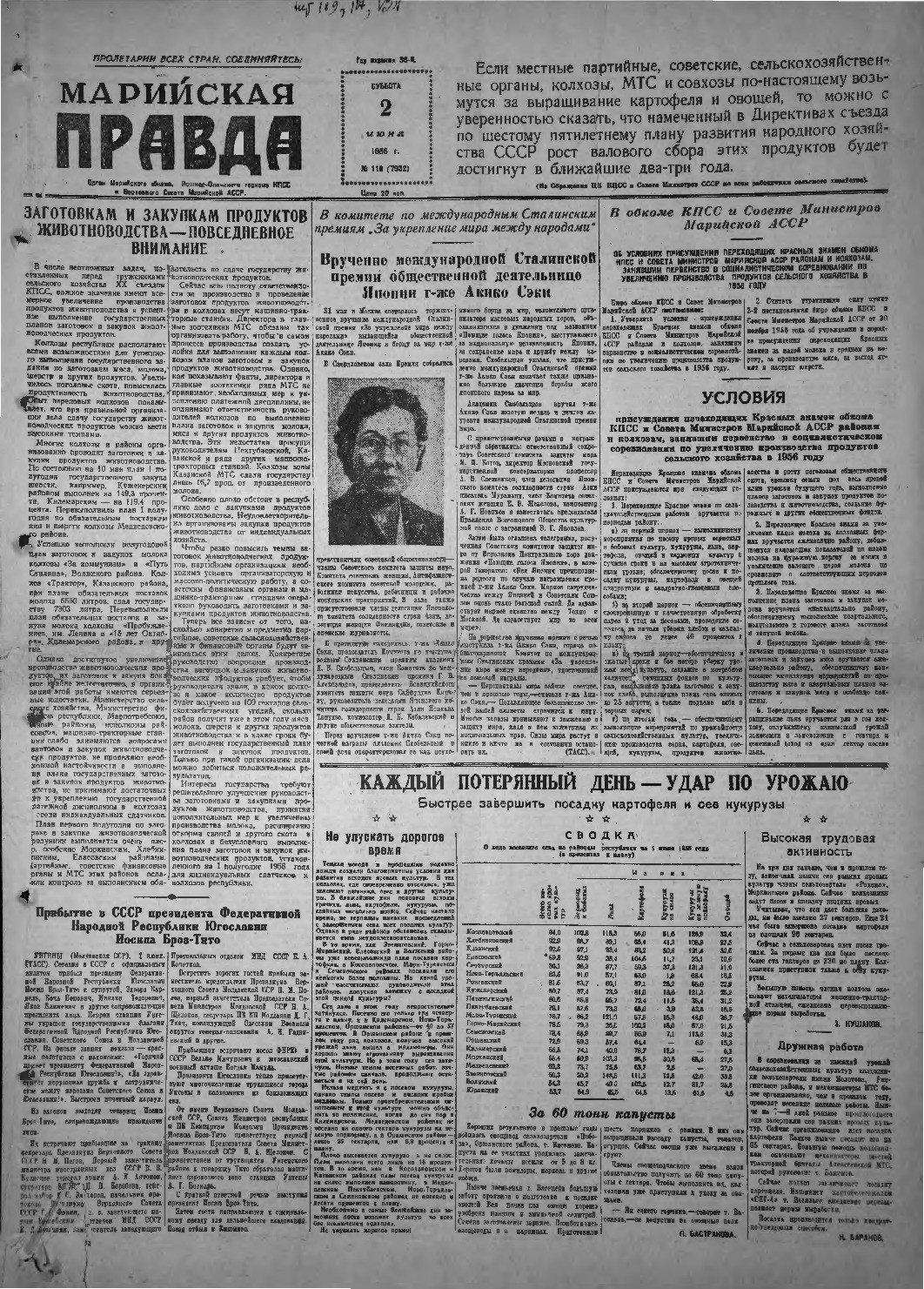 Газета «Марийская правда» от 02.06.1956