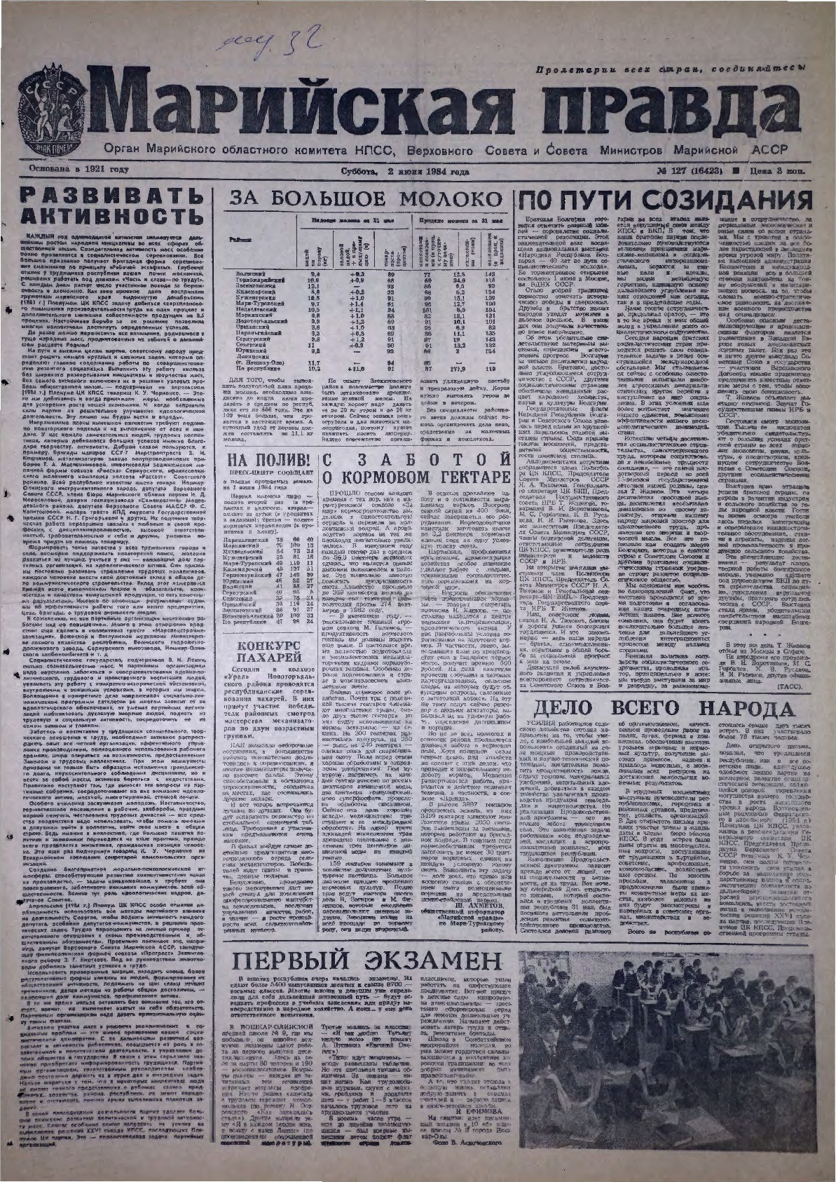 Газета «Марийская правда» от 02.06.1984