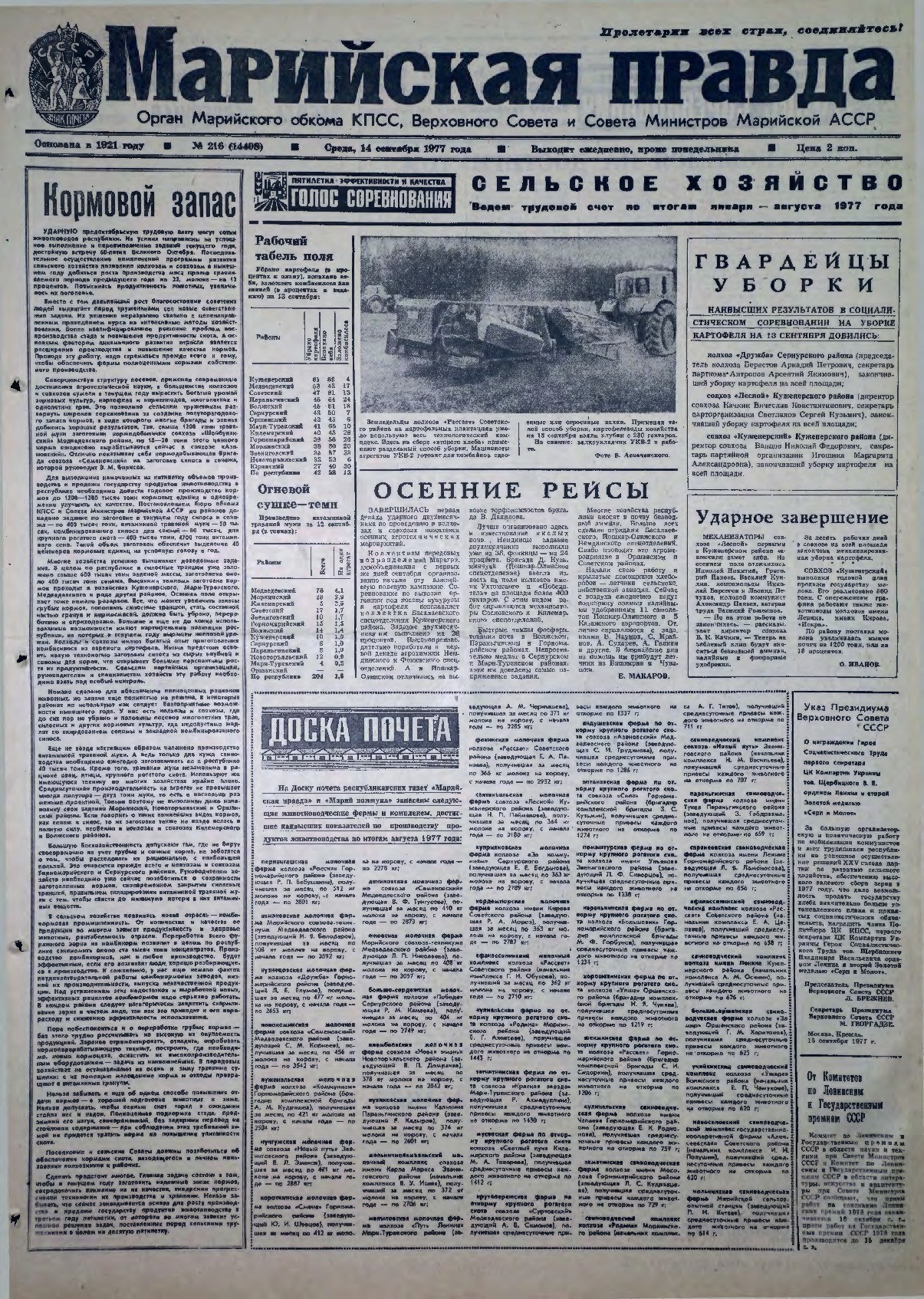 Газета «Марийская правда» от 14.09.1977
