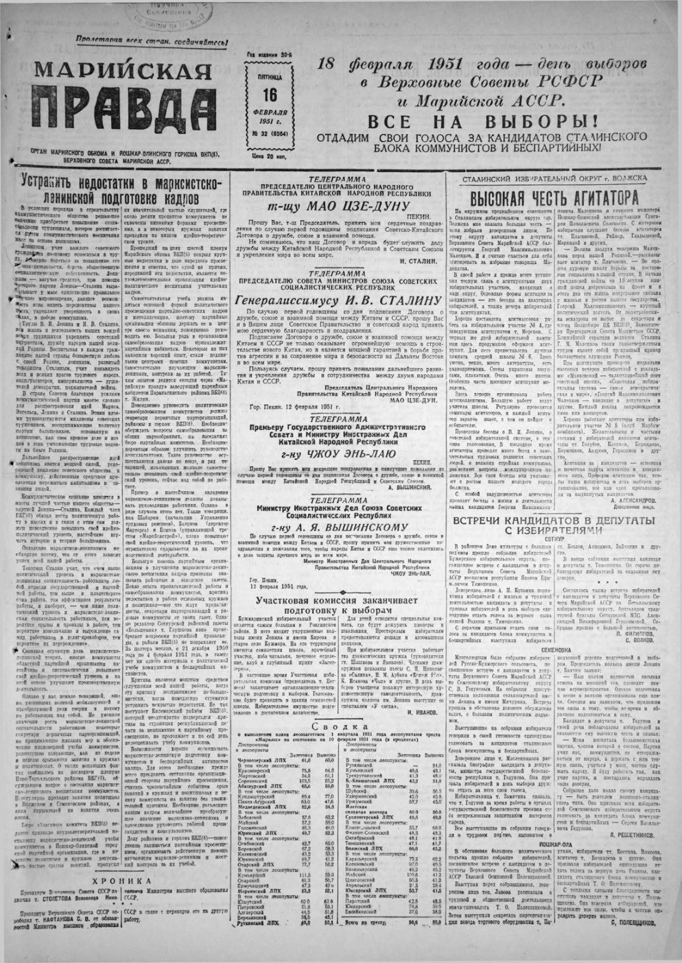 Газета «Марийская правда» от 16.02.1951