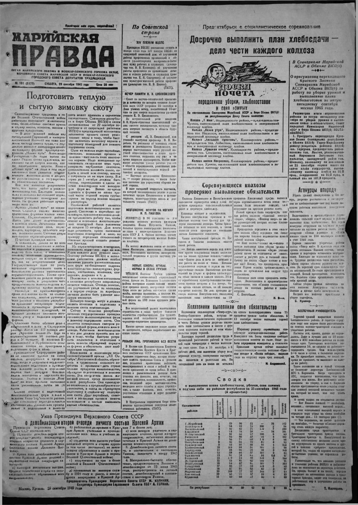 Газета «Марийская правда» от 29.09.1945
