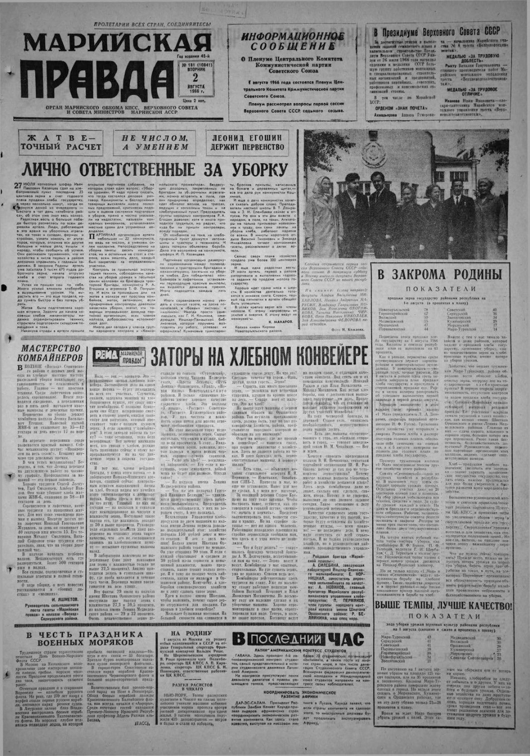 Газета «Марийская правда» от 02.08.1966